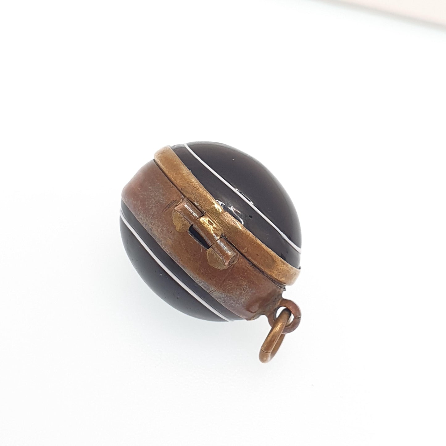 Antique Victorian Faux Bullseye Agate Locket Gold Gilt Pendant Necklace Oval Black Eye Glass Agates Cabochon Vintage Womens Mens Jewelry