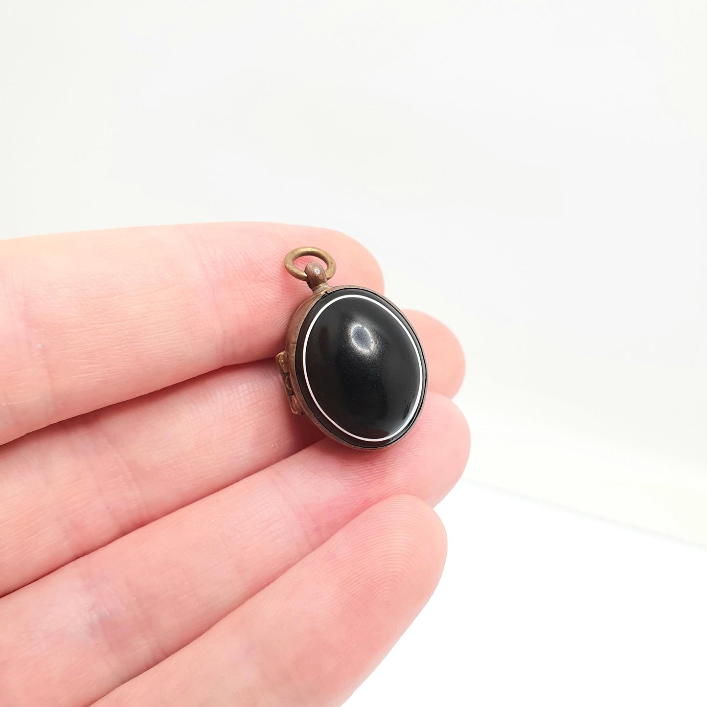Antique Victorian Faux Bullseye Agate Locket Gold Gilt Pendant Necklace Oval Black Eye Glass Agates Cabochon Vintage Womens Mens Jewelry