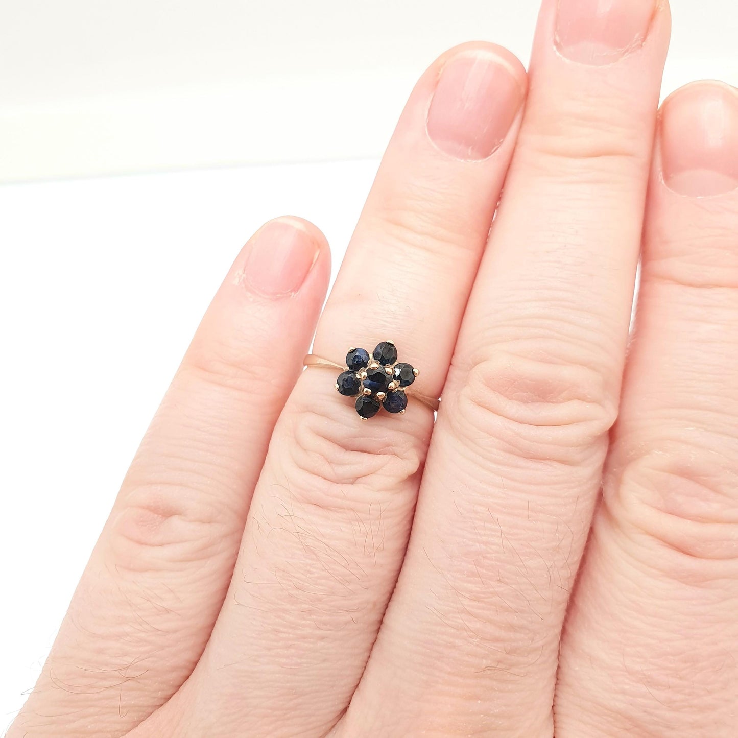 Vintage Sapphire Gold Ring Solid 9ct 9k 375 9kt Cluster Genuine Real Sapphires Gemstone Fine Estate Flower Shape Womens Jewelry Jewellery
