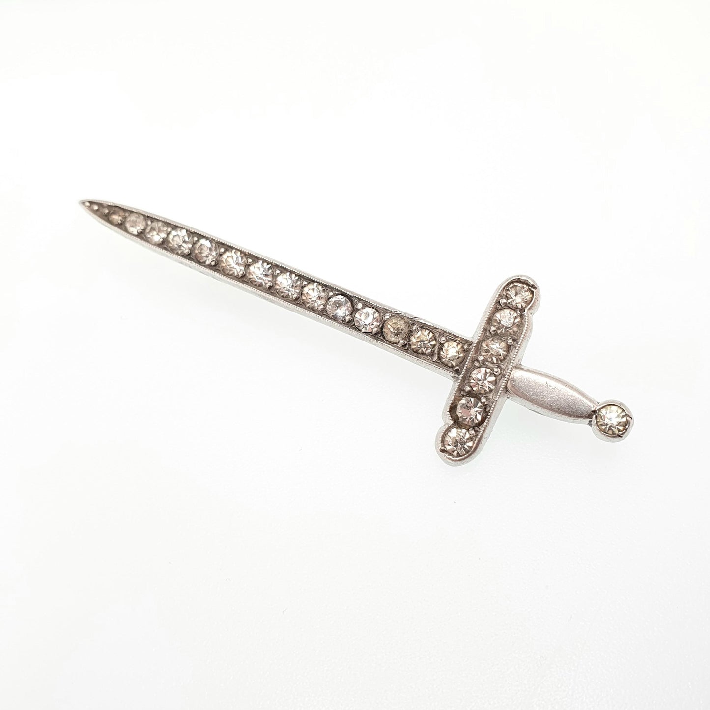 Antique Solid Silver Sword Brooch Diamond Paste Pin Art Deco 1920s Swords Fencing Shield Knight Vintage Men Womens Jewelry Jewellery