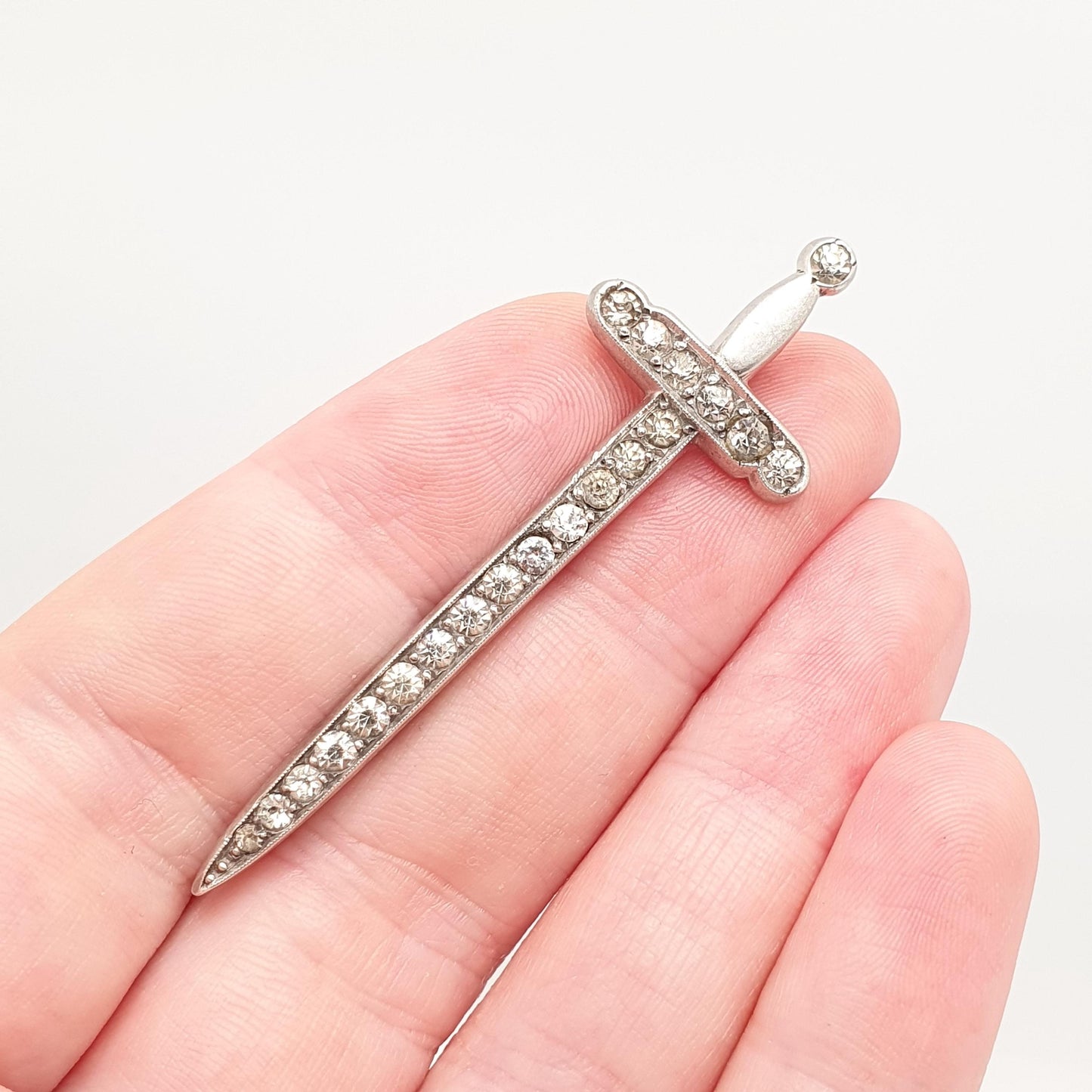 Antique Solid Silver Sword Brooch Diamond Paste Pin Art Deco 1920s Swords Fencing Shield Knight Vintage Men Womens Jewelry Jewellery