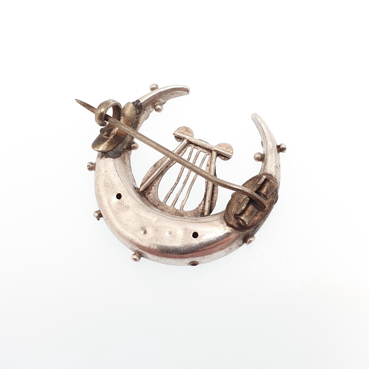 Antique Sterling Silver Crescent Moon Brooch Lyre Flower Engraved Victorian Sweetheart Celestial Vintage Harp Womens Jewelry Jewellery