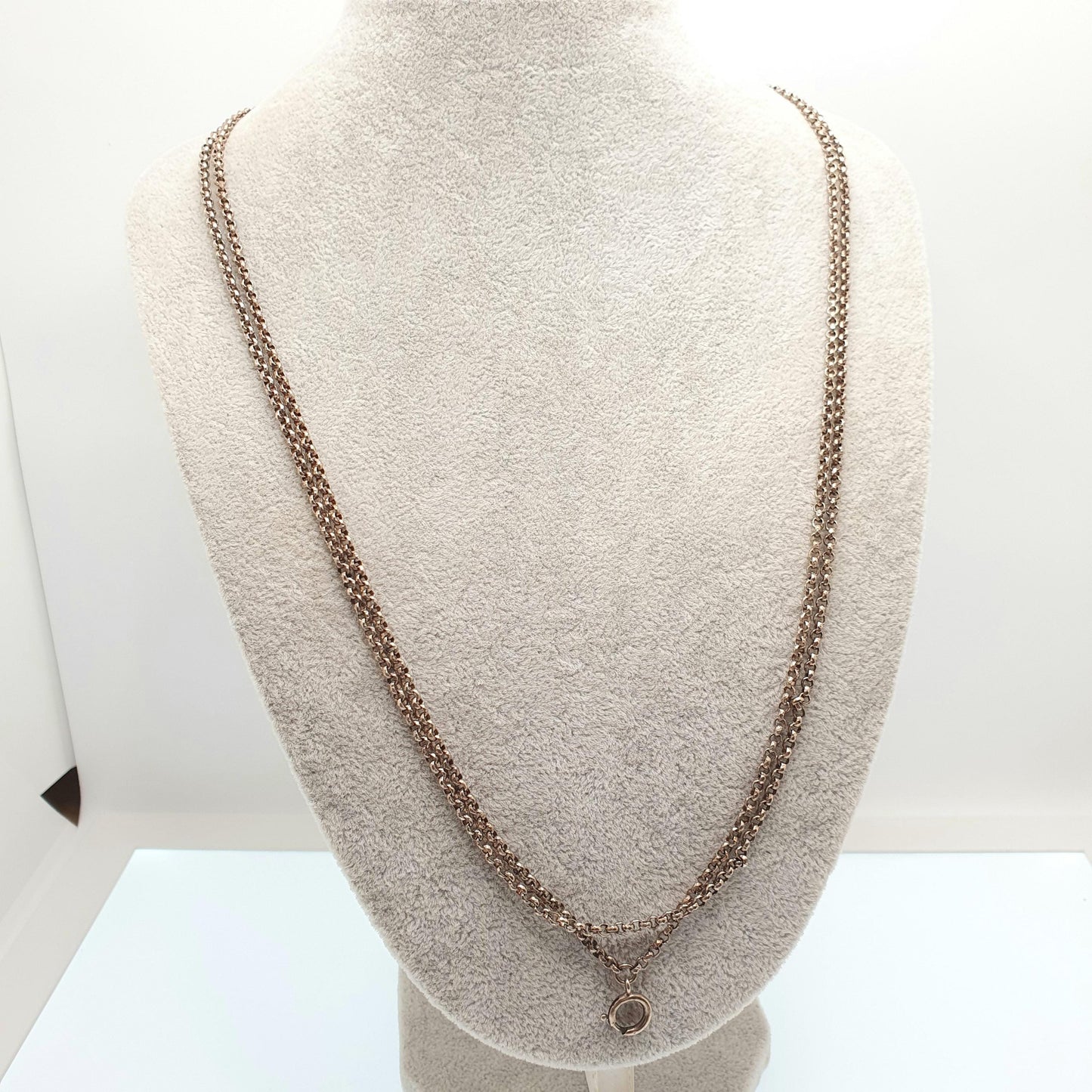 Antique Victorian Muff Chain Necklace Rolo Belcher Link Bolt Clasp Gold Gilt Very Long 132cm 25.84g 1800s Guard Vintage Womens Jewelry