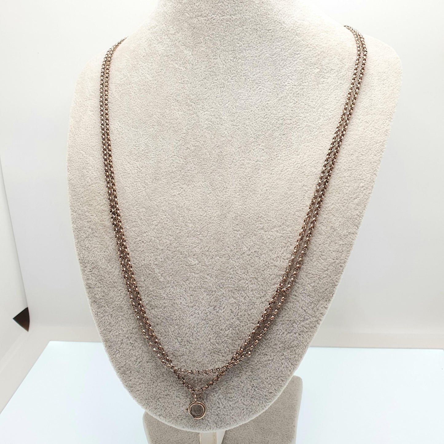 Antique Victorian Muff Chain Necklace Rolo Belcher Link Bolt Clasp Gold Gilt Very Long 132cm 25.84g 1800s Guard Vintage Womens Jewelry
