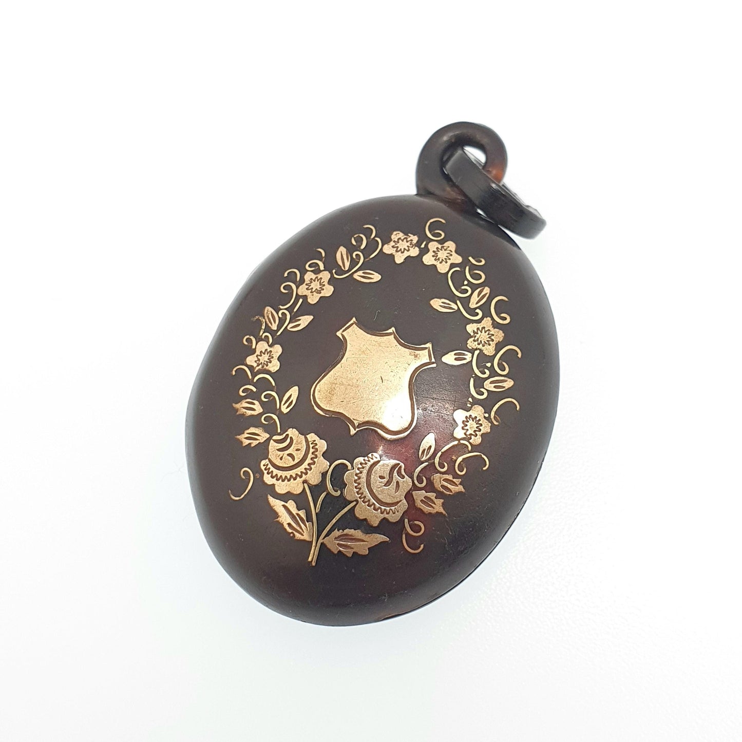Antique Victorian Pique Locket Pendant Shield Large Big Necklace Gold Inlay Rare Unique Shell 1800s Vintage Women Ladies Jewelry Jewellery