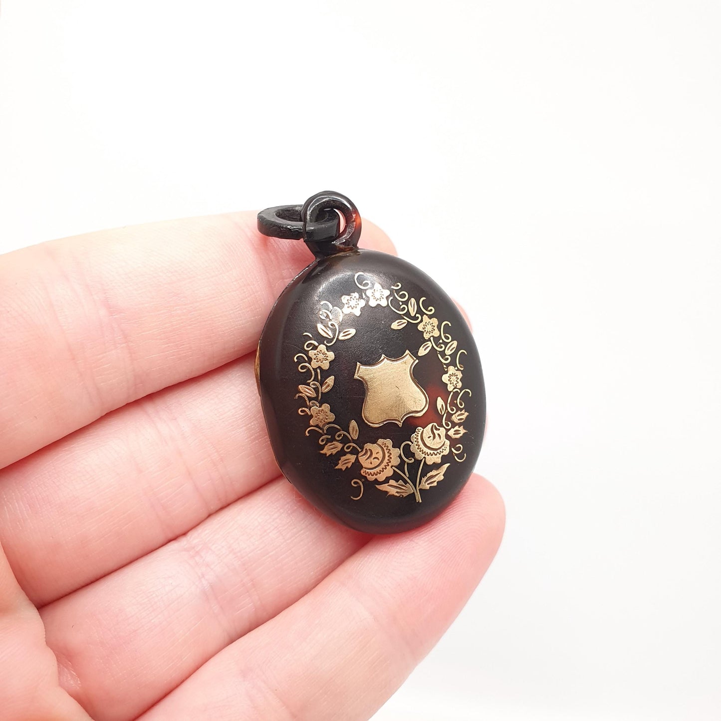 Antique Victorian Pique Locket Pendant Shield Large Big Necklace Gold Inlay Rare Unique Shell 1800s Vintage Women Ladies Jewelry Jewellery