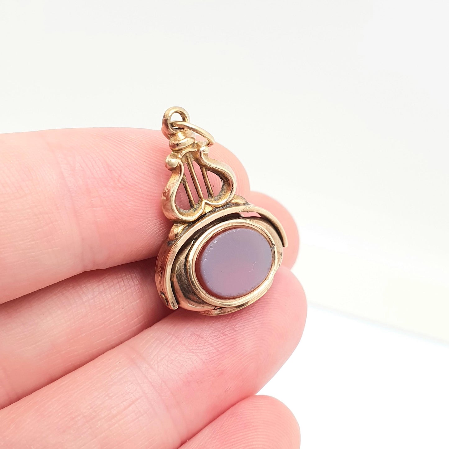 Antique 9ct Gold Cased Bloodstone Spinner Fob Pendant Victorian Cable Link Carnelian Necklace Albert Vintage Womens Jewellery Jewelry