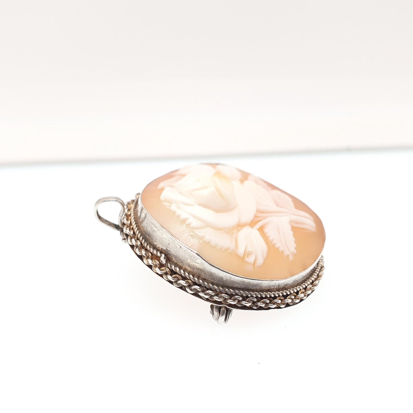 Old Vintage Flower Cameo Sterling Silver Pendant Brooch Necklace Hand Carved Shell High Relief Rare Unique Italian Jewelry Womens Jewellery
