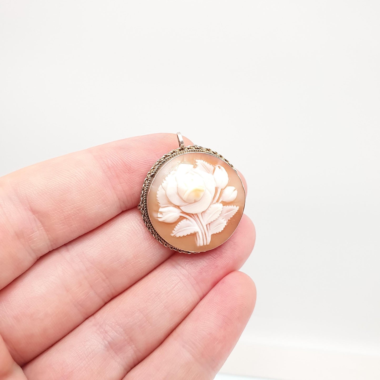 Old Vintage Flower Cameo Sterling Silver Pendant Brooch Necklace Hand Carved Shell High Relief Rare Unique Italian Jewelry Womens Jewellery