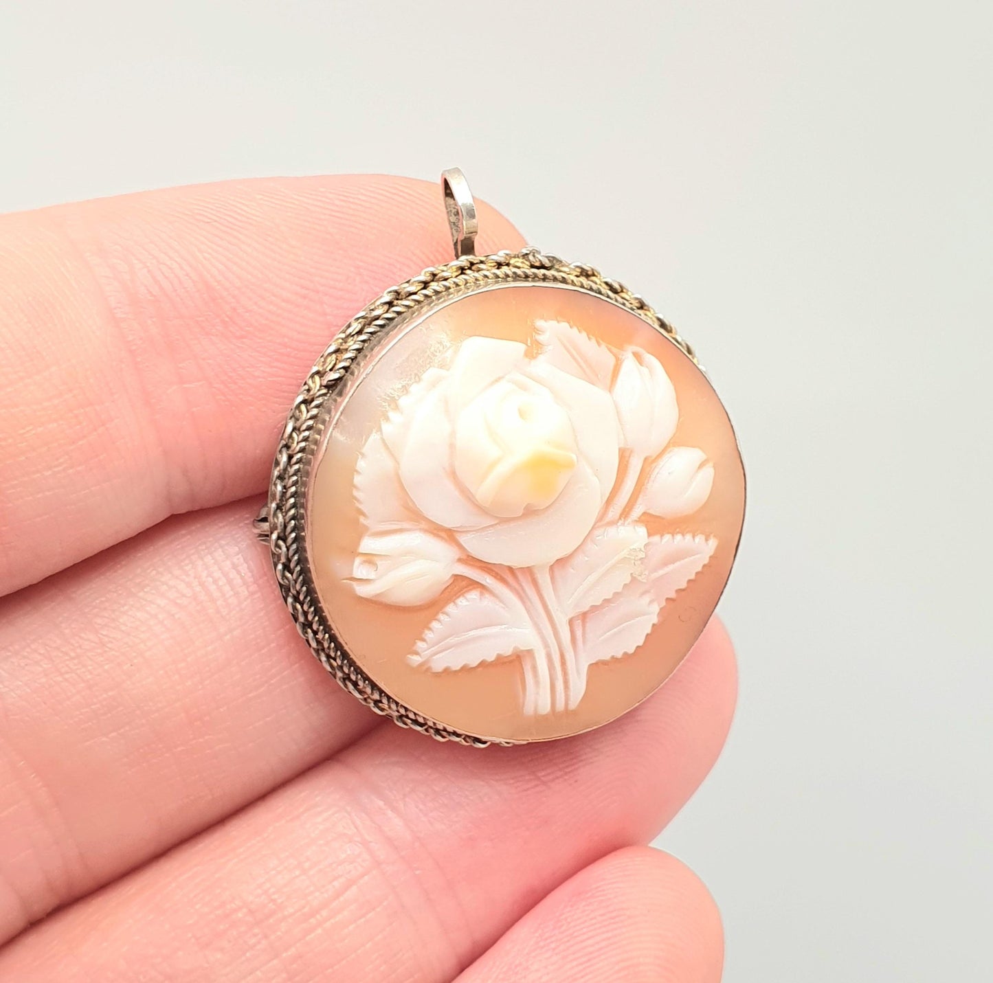 Old Vintage Flower Cameo Sterling Silver Pendant Brooch Necklace Hand Carved Shell High Relief Rare Unique Italian Jewelry Womens Jewellery
