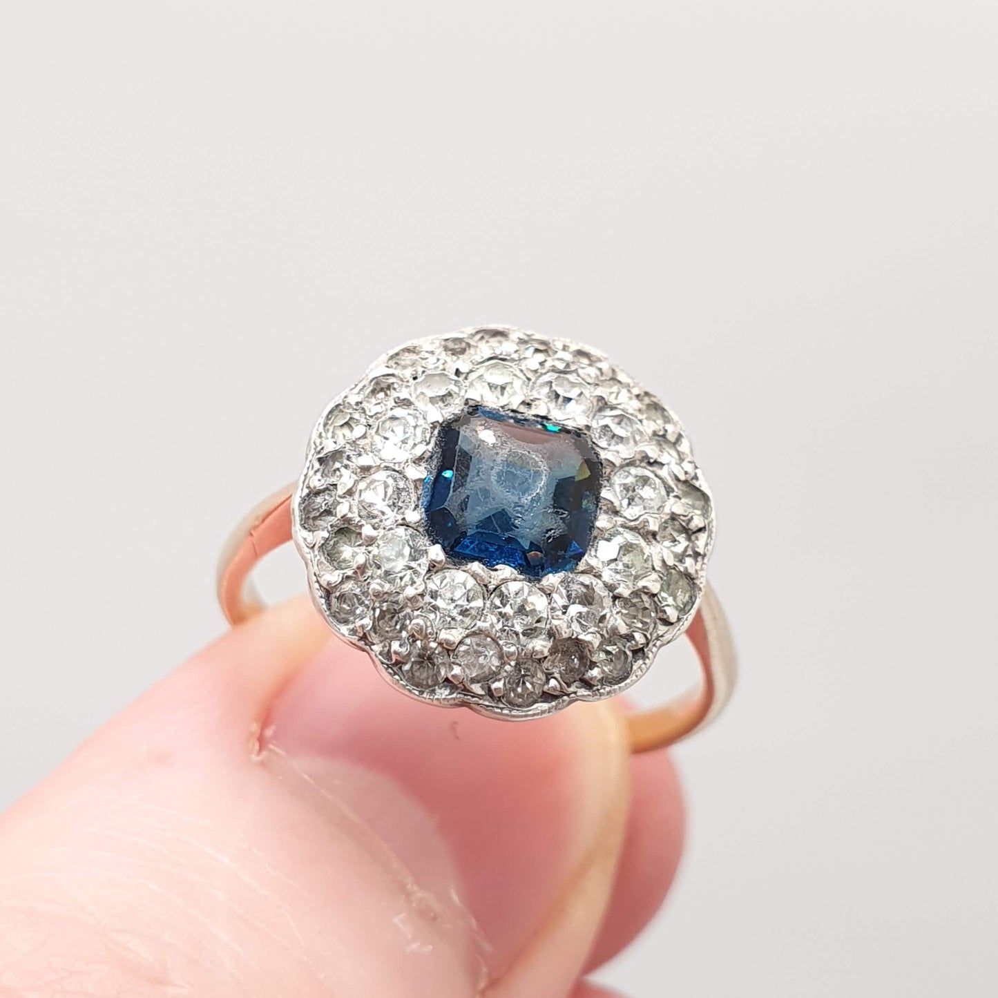 Antique Victorian 9ct 9kt Gold Sapphire Paste Ring Cluster Diamond Paste Square Cut Solid Silver 1800s Vintage Womens Jewelry Jewellery