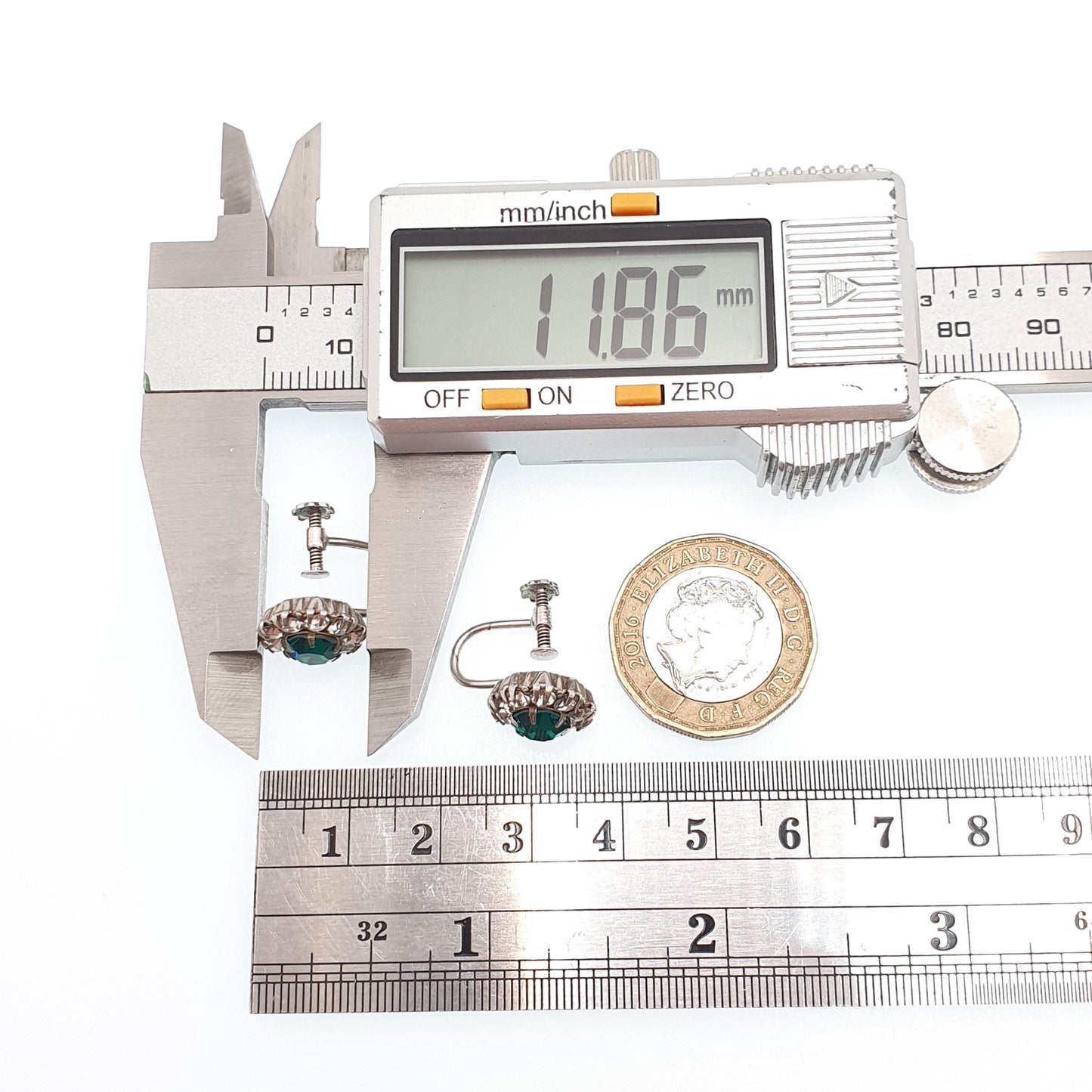 Antique Solid Silver Emerald & Diamond Paste Earrings Cluster Screw Back Sparkly Foiled Glass Edwardian Vintage Womens Jewelry Jewellery