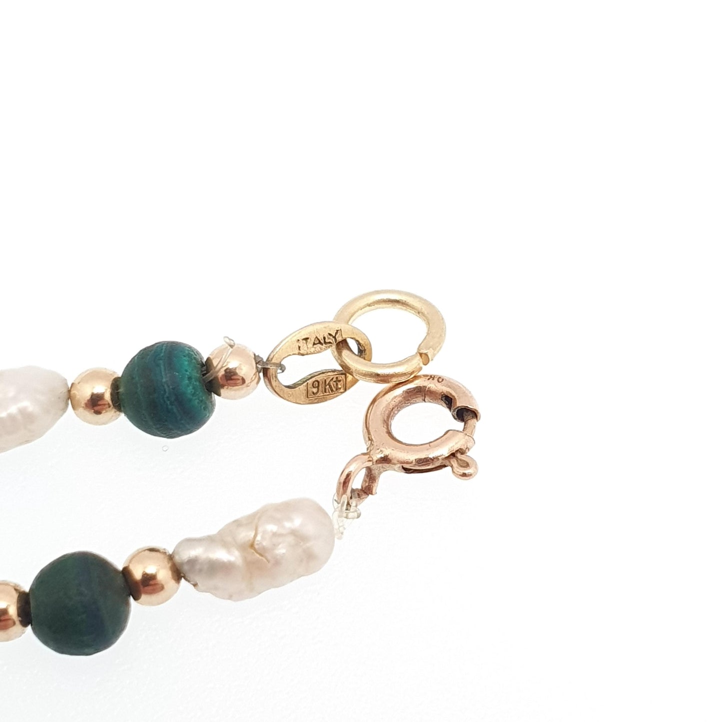 Vintage 9ct Gold Malachite Bead Necklace Freshwater Pearl Solid 9k 375 9kt Banded Green Gemstone 41cm 16.1" 7.60g Womens Jewelry Jewellery