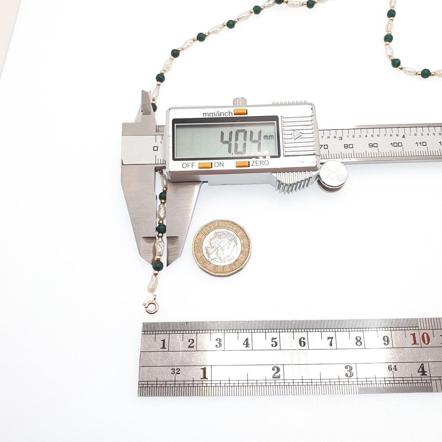 Vintage 9ct Gold Malachite Bead Necklace Freshwater Pearl Solid 9k 375 9kt Banded Green Gemstone 41cm 16.1" 7.60g Womens Jewelry Jewellery