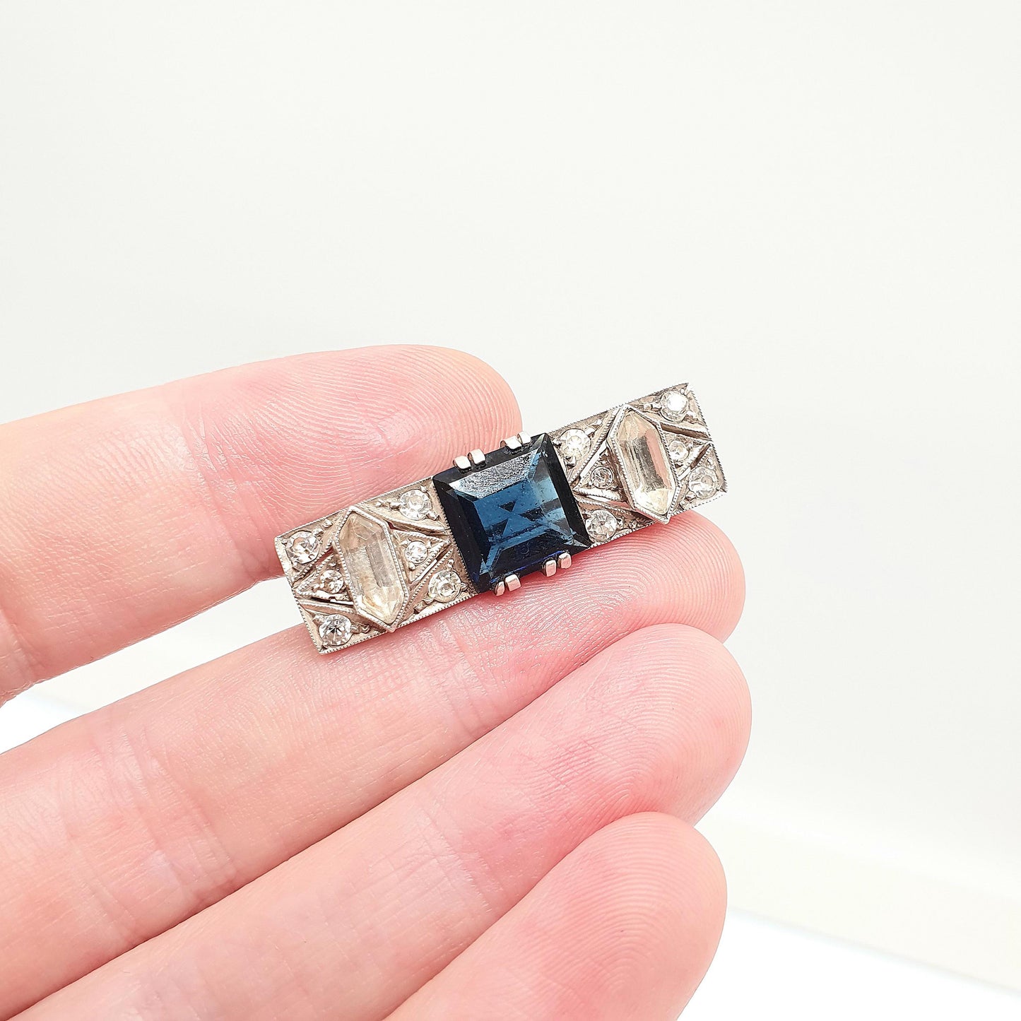 Antique Solid Silver Sapphire Diamond Paste Brooch Art Deco Square Cut Geometric 1920s Flapper Gift Vintage Womens Jewellery Jewelry