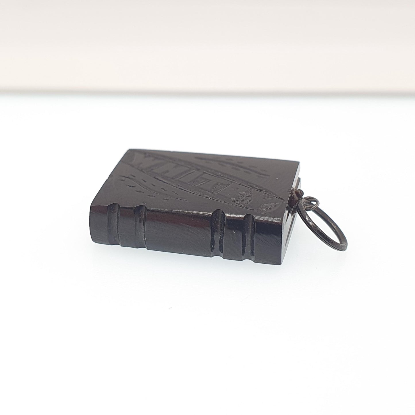 Antique Victorian Whitby Jet Book Bible Pendant Necklace Diary Engraved Rare Fine Gemstone Hand Carved Vintage 1800s Jewelry Jewellery
