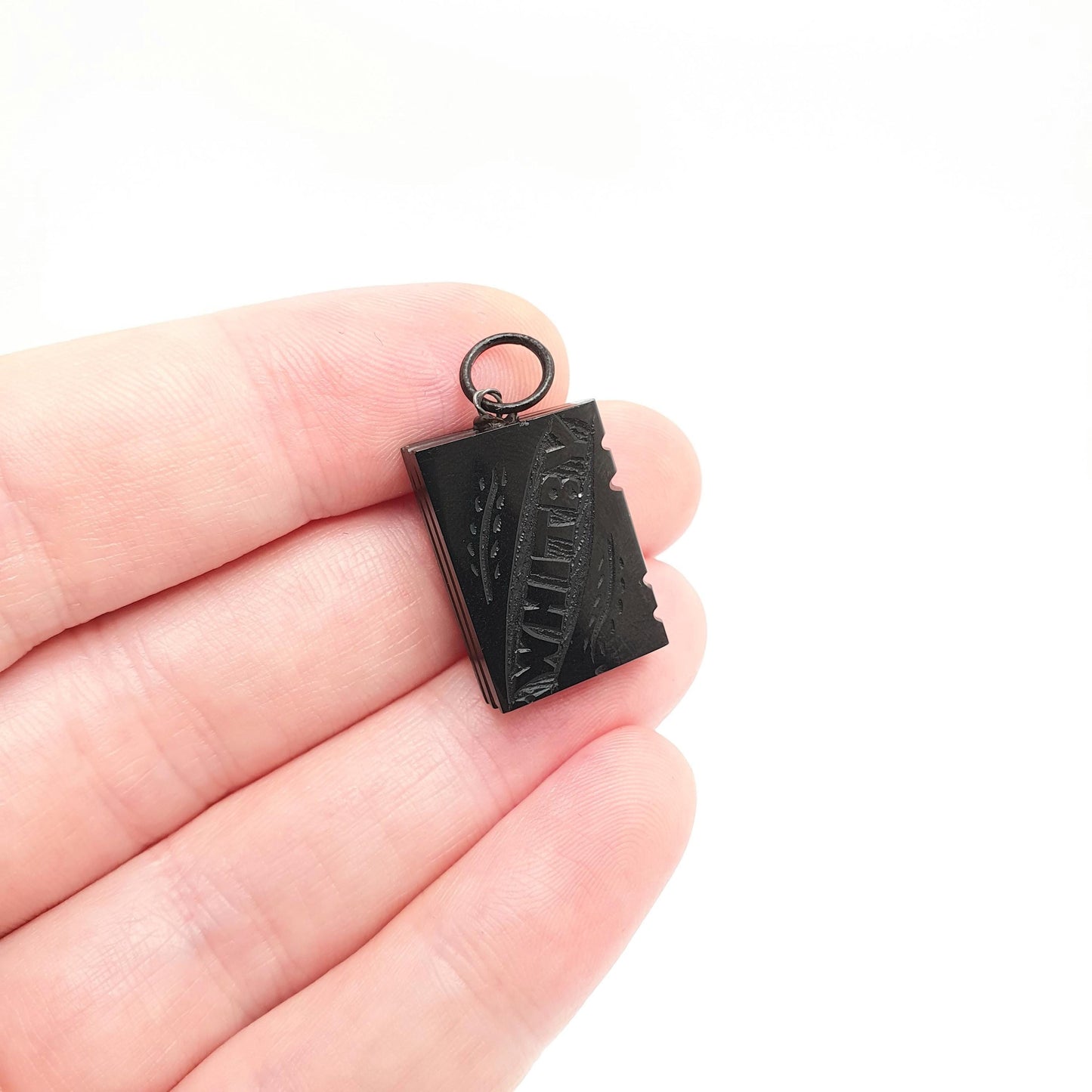 Antique Victorian Whitby Jet Book Bible Pendant Necklace Diary Engraved Rare Fine Gemstone Hand Carved Vintage 1800s Jewelry Jewellery