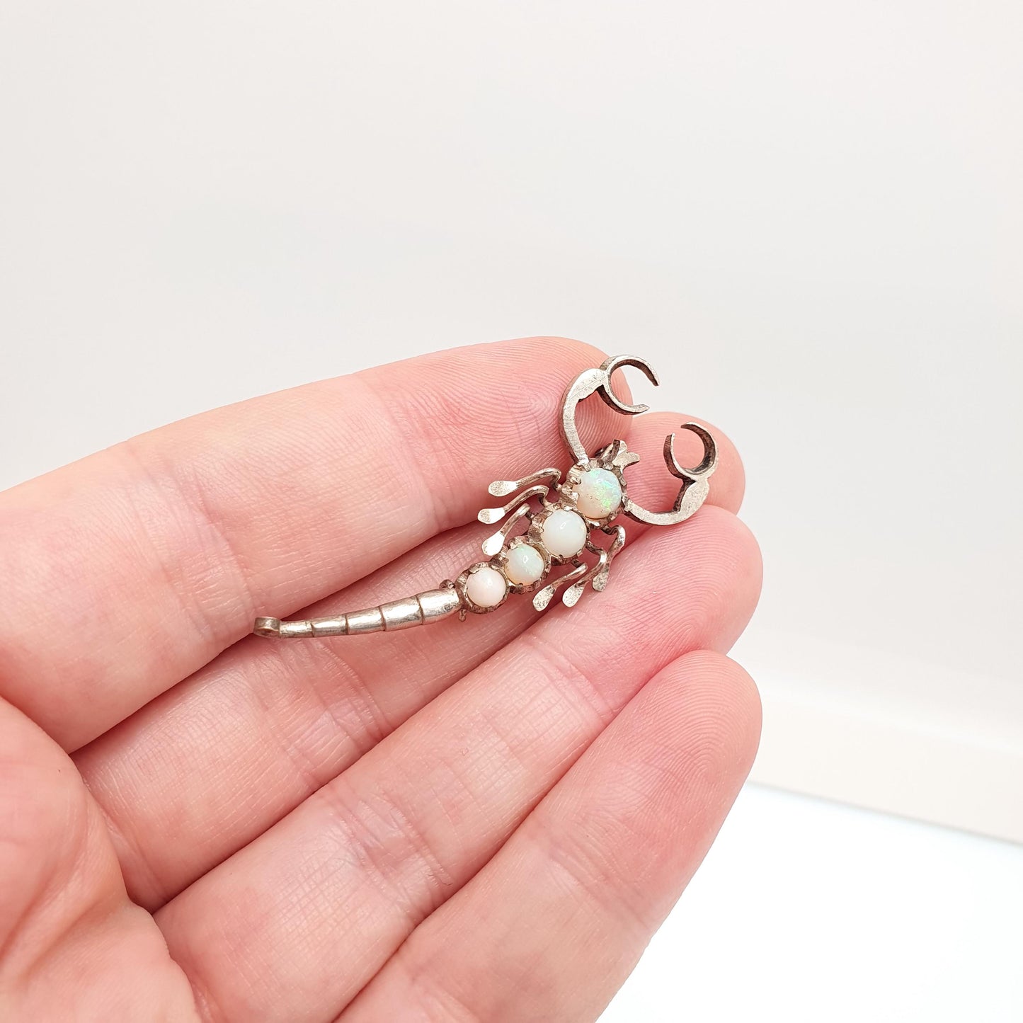 Antique Natural Opal Scorpion Brooch Scorpio White Silver Tone Victorian Genuine Gemstones Vintage Arachnid Insect Gift Jewelry Jewellery