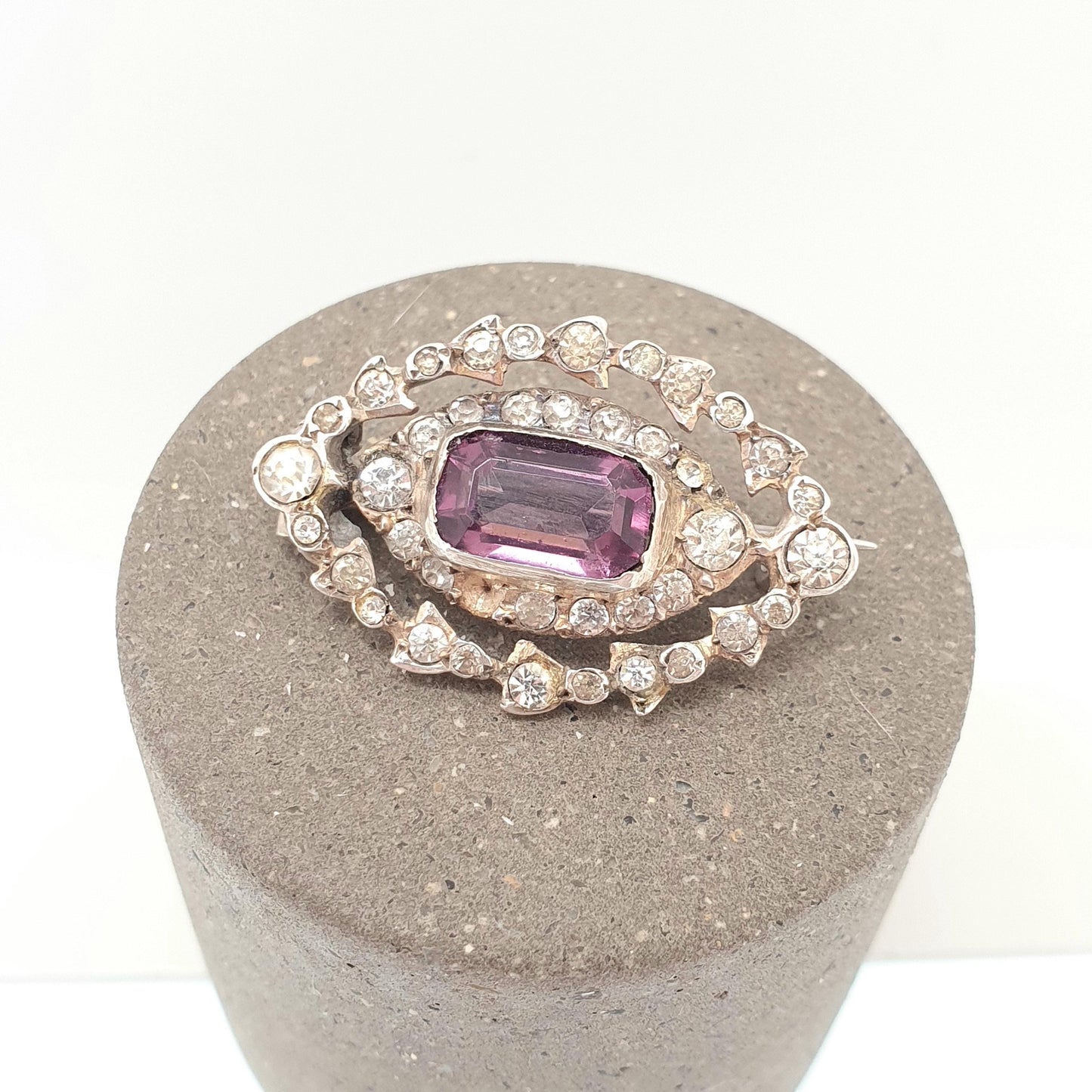 Antique Solid Silver Amethyst Paste Brooch Victorian Diamond Pastes Cluster Ellipse Eye Shape 1800s Genuine Vintage Womens Jewelry Jewellery