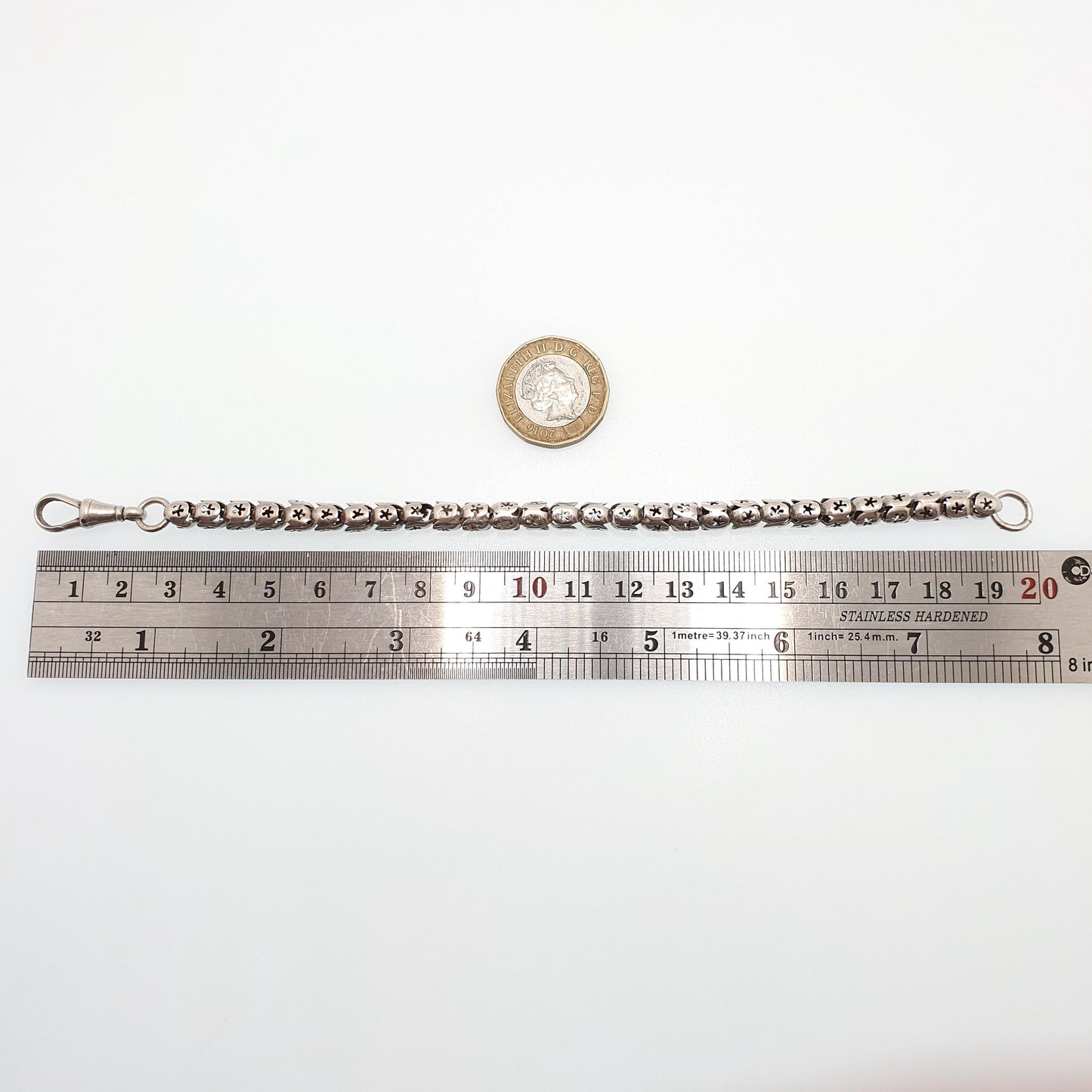 Antique Victorian Solid Silver Popcorn Link Bracelet Dog Clip Albertina Chain Tulip 19.5cm 7.65" 12.37g 1800s Star Vintage Mens Womens