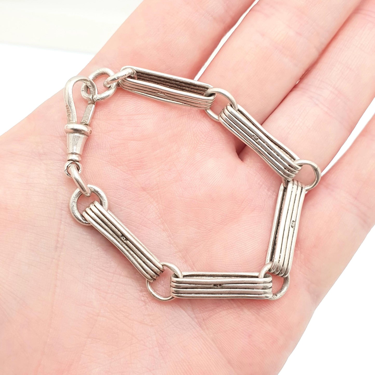 Antique Sterling Silver Bar Staple Link Bracelet Dog Clip Albert Chain Rectangular Links Elongated 16.93g 18cm Gift Vintage Womens Jewelry