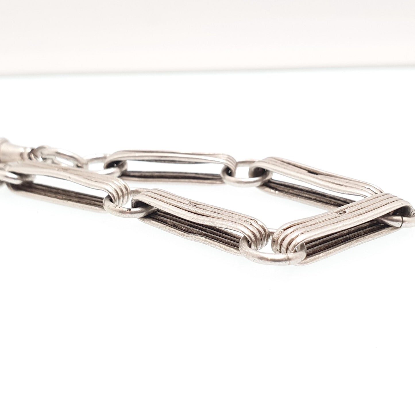 Antique Sterling Silver Bar Staple Link Bracelet Dog Clip Albert Chain Rectangular Links Elongated 16.93g 18cm Gift Vintage Womens Jewelry