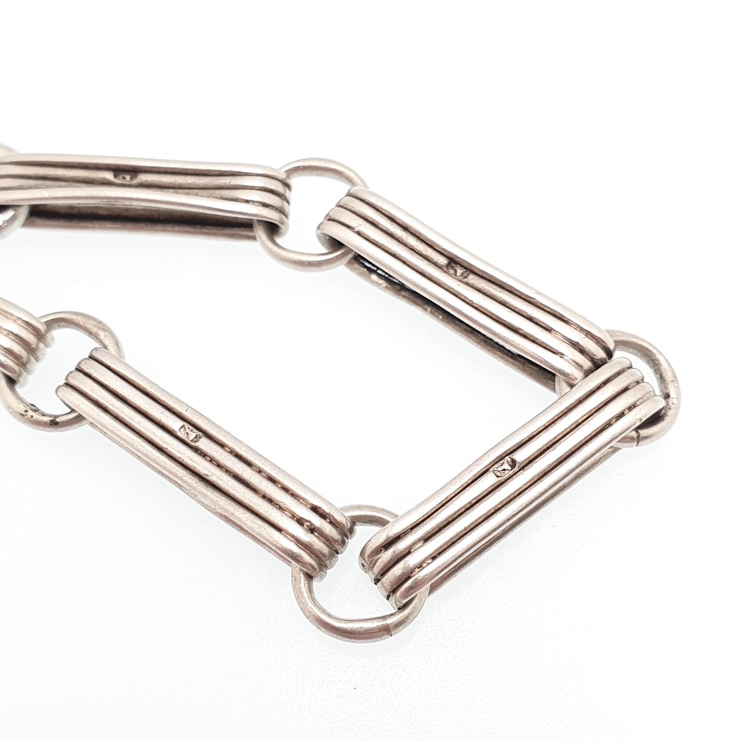 Antique Sterling Silver Bar Staple Link Bracelet Dog Clip Albert Chain Rectangular Links Elongated 16.93g 18cm Gift Vintage Womens Jewelry