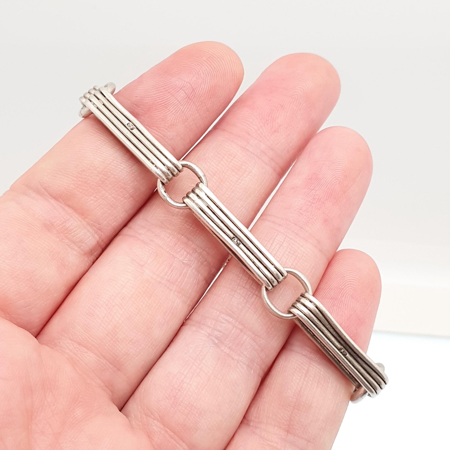 Antique Sterling Silver Bar Staple Link Bracelet Dog Clip Albert Chain Rectangular Links Elongated 16.93g 18cm Gift Vintage Womens Jewelry
