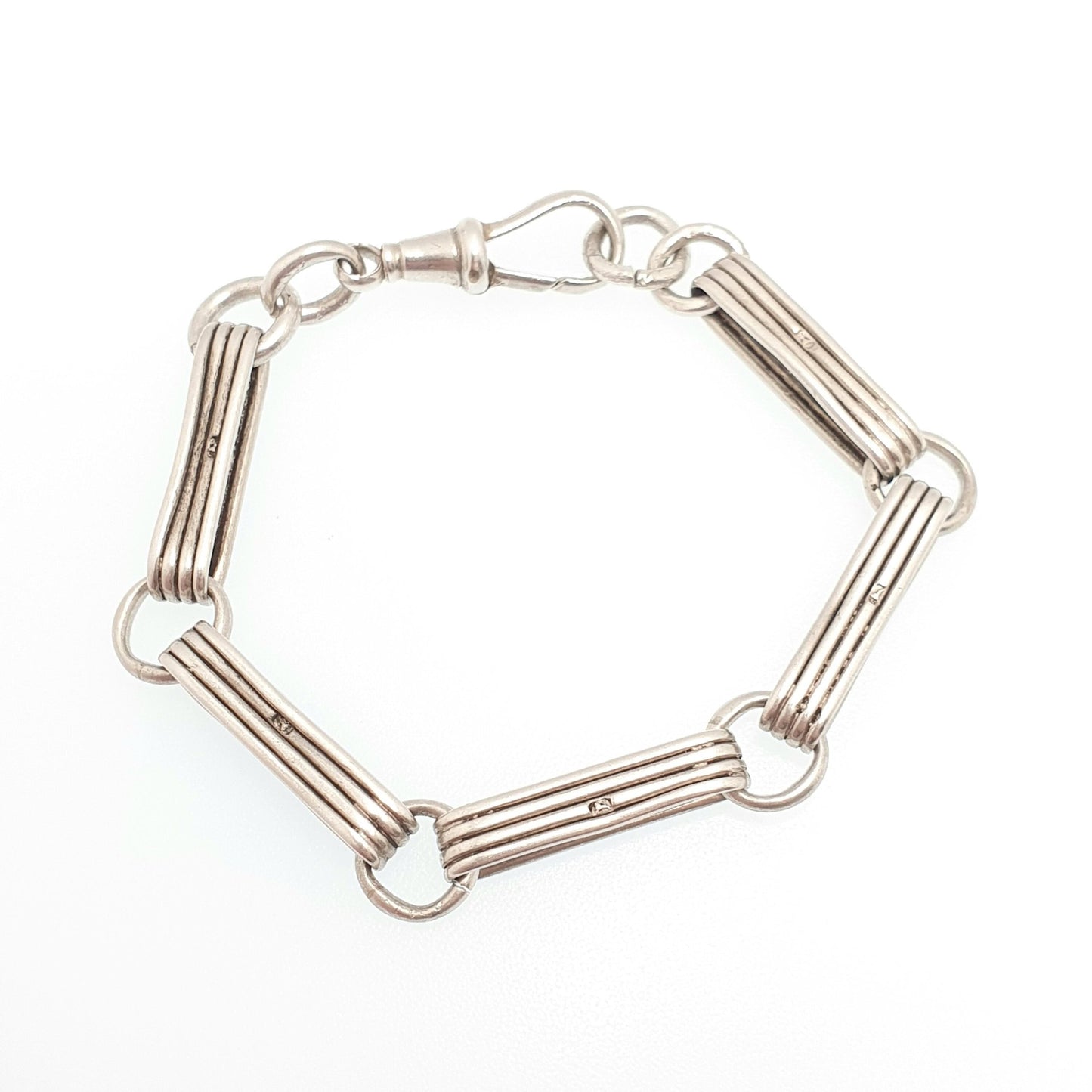 Antique Sterling Silver Bar Staple Link Bracelet Dog Clip Albert Chain Rectangular Links Elongated 16.93g 18cm Gift Vintage Womens Jewelry