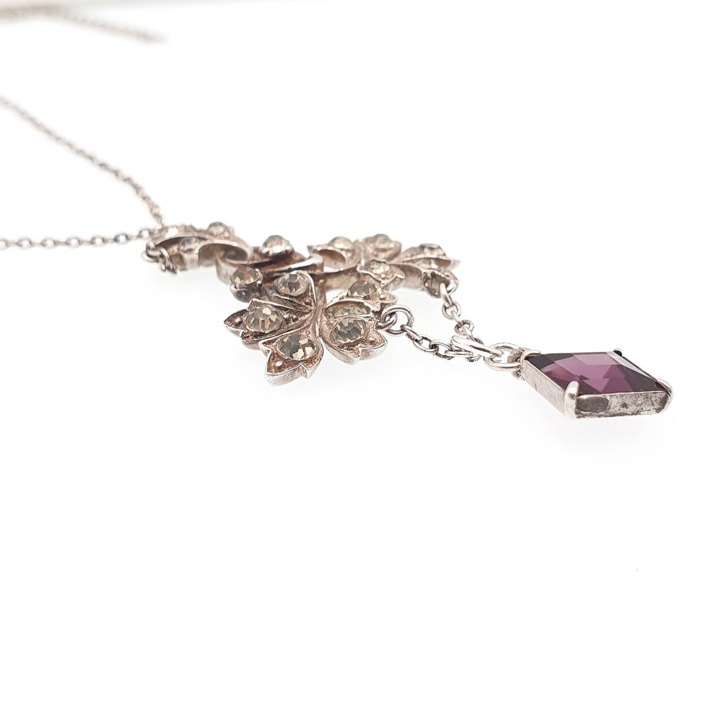 Antique Sterling Silver Amethyst Paste Pendant Y Necklace Lavaliere Diamond Pastes Art Nouveau 935 Square Vintage Womens Jewelry Jewellery
