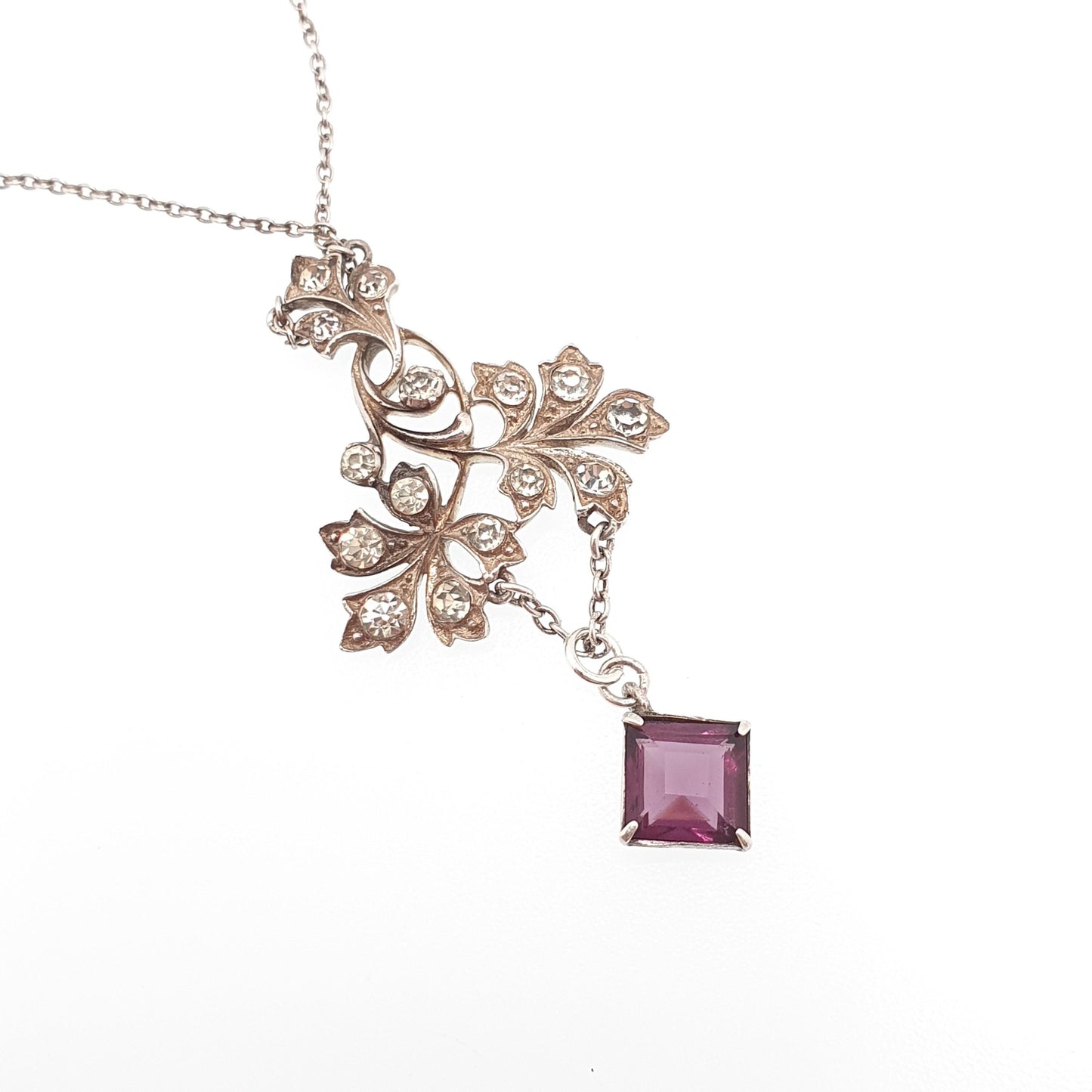 Antique Sterling Silver Amethyst Paste Pendant Y Necklace Lavaliere Diamond Pastes Art Nouveau 935 Square Vintage Womens Jewelry Jewellery