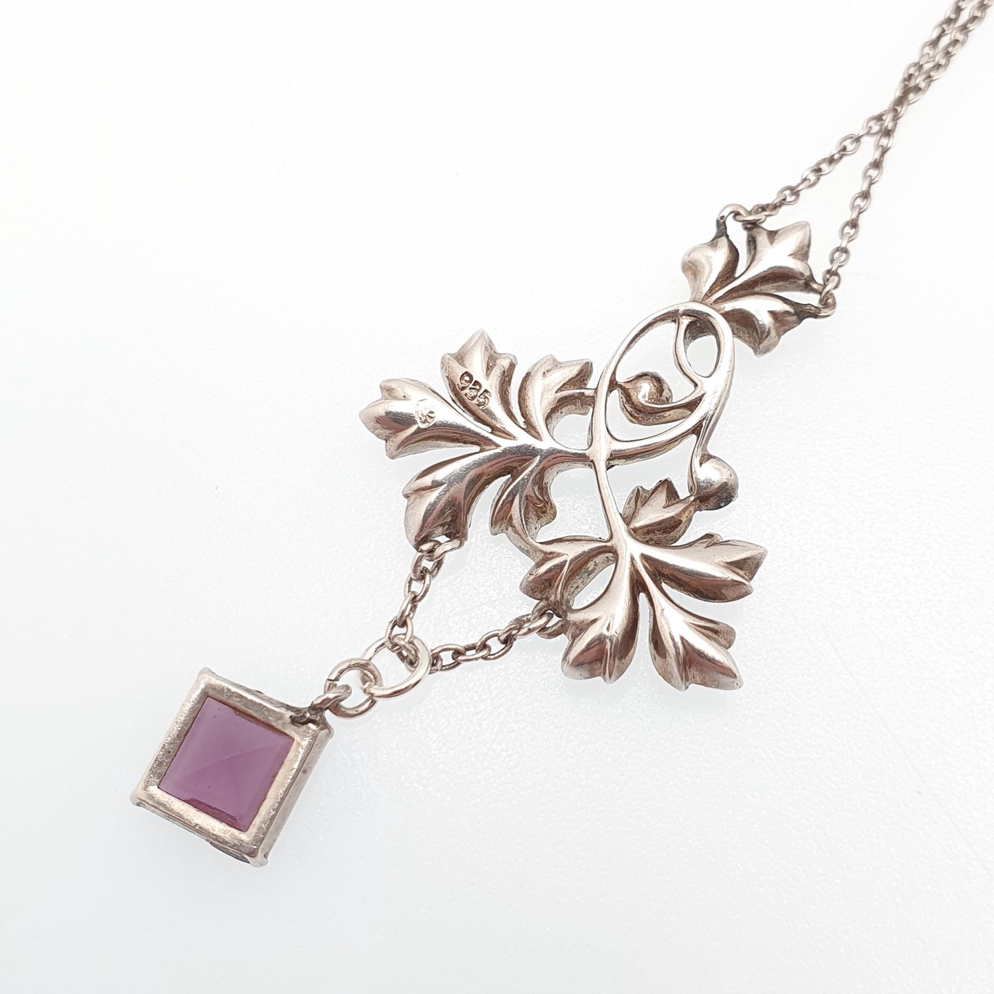 Antique Sterling Silver Amethyst Paste Pendant Y Necklace Lavaliere Diamond Pastes Art Nouveau 935 Square Vintage Womens Jewelry Jewellery