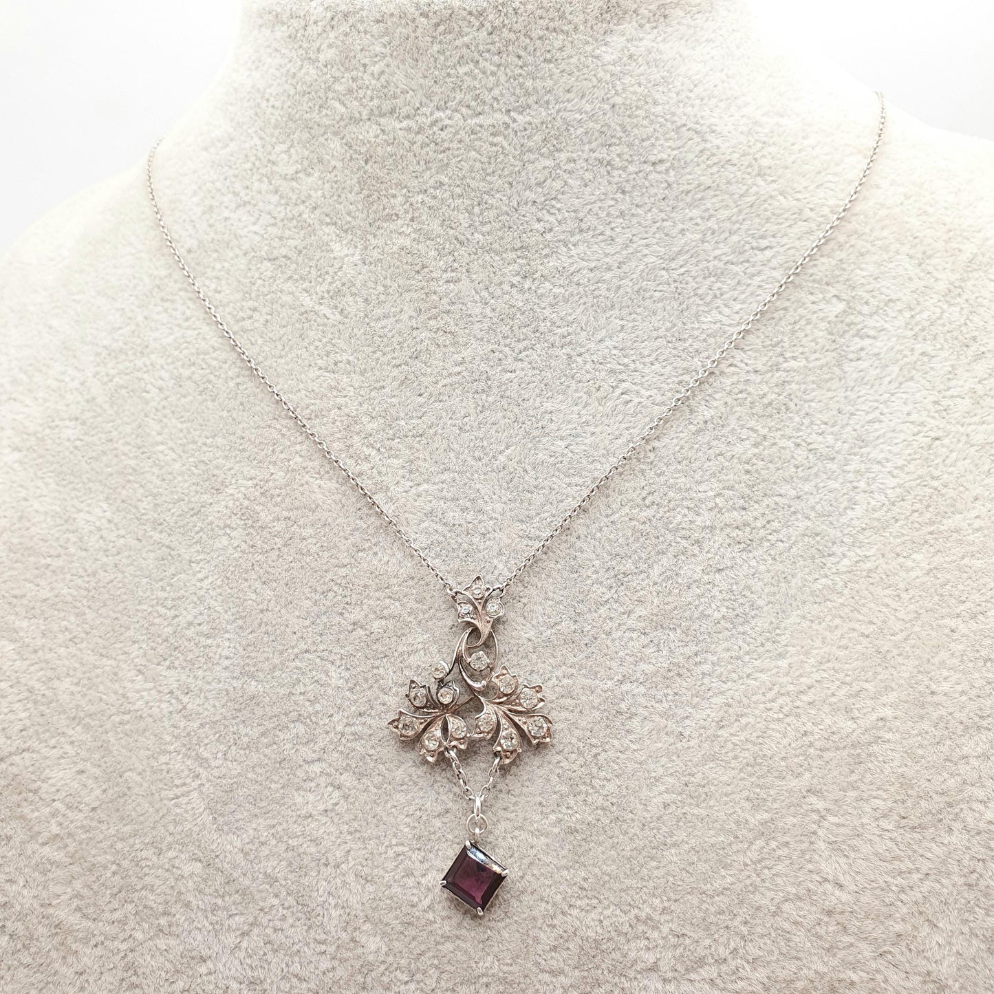 Antique Sterling Silver Amethyst Paste Pendant Y Necklace Lavaliere Diamond Pastes Art Nouveau 935 Square Vintage Womens Jewelry Jewellery