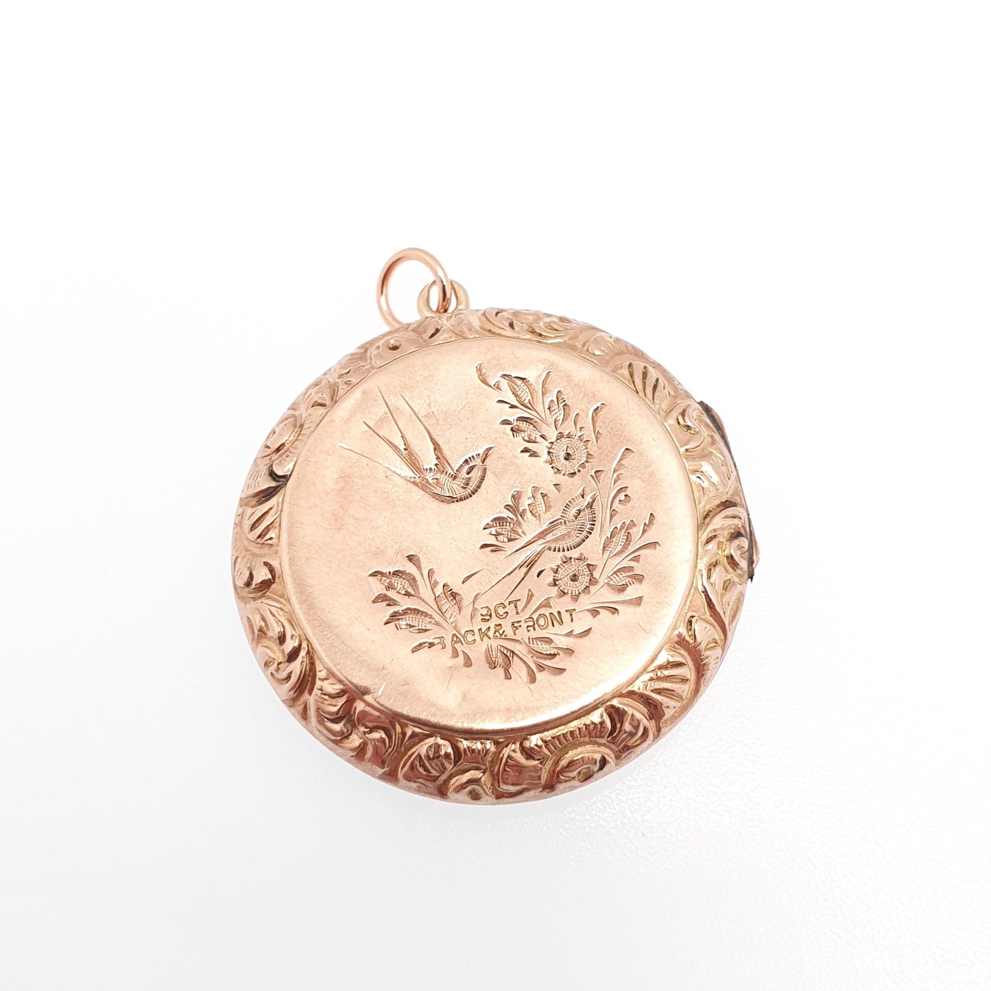 Antique 9ct Rose Gold Bird Locket Solid 9k 375 Large Round Pendant Fine Estate Big Love Gift Back & Front Necklace Jewelry Womens Jewellery