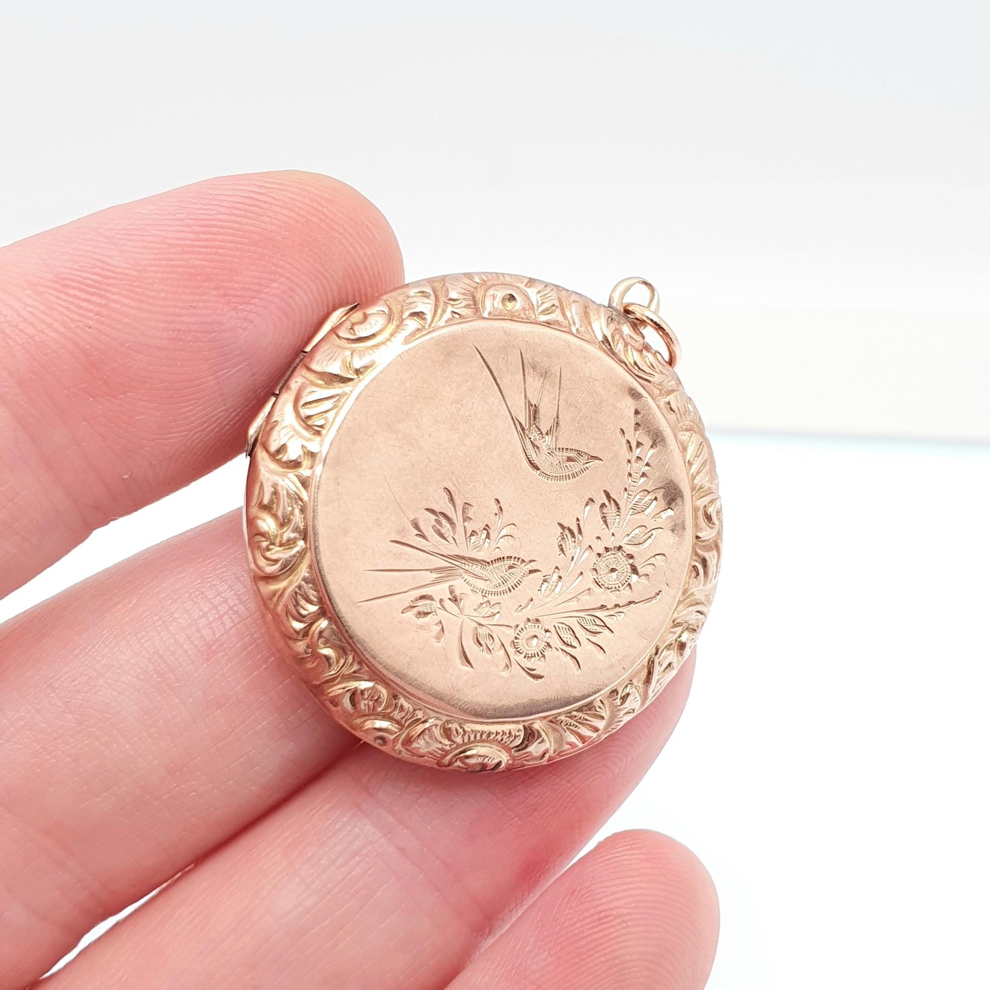 Antique 9ct Rose Gold Bird Locket Solid 9k 375 Large Round Pendant Fine Estate Big Love Gift Back & Front Necklace Jewelry Womens Jewellery