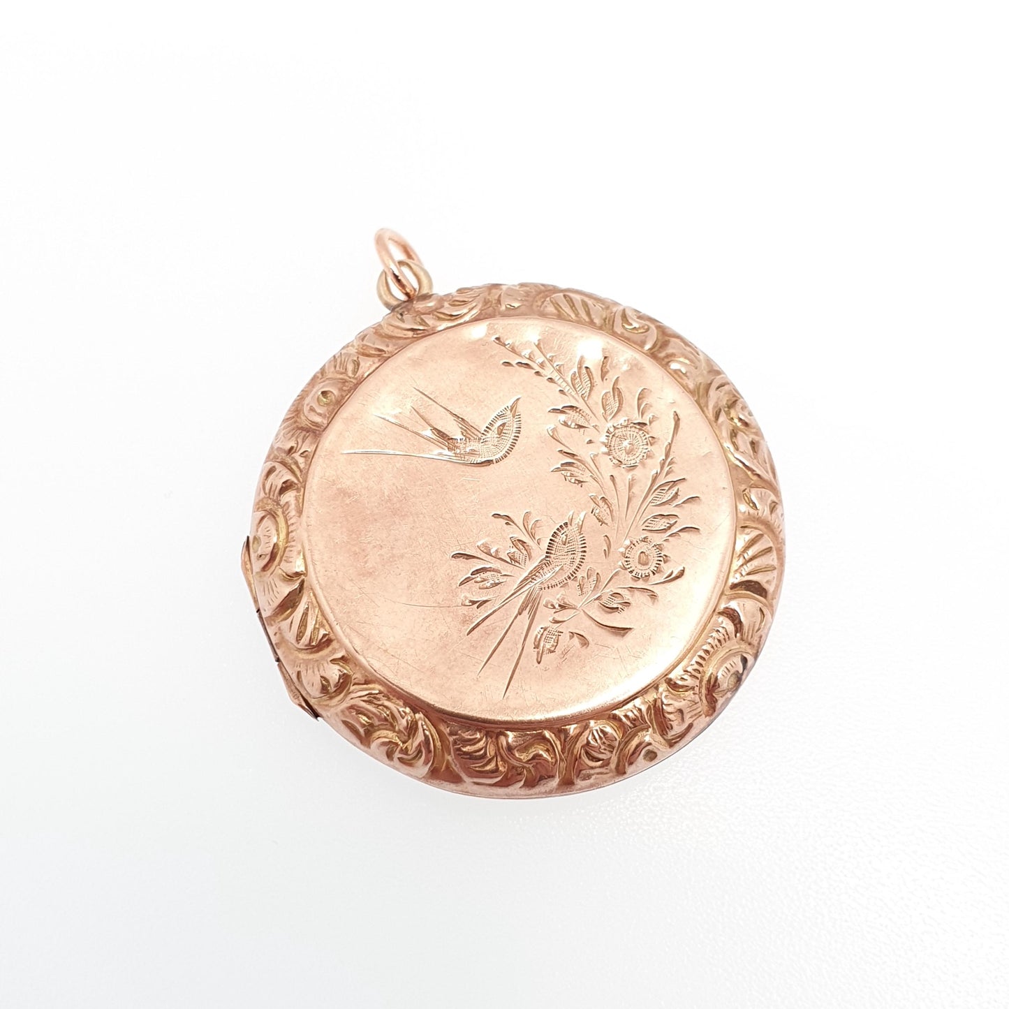 Antique 9ct Rose Gold Bird Locket Solid 9k 375 Large Round Pendant Fine Estate Big Love Gift Back & Front Necklace Jewelry Womens Jewellery