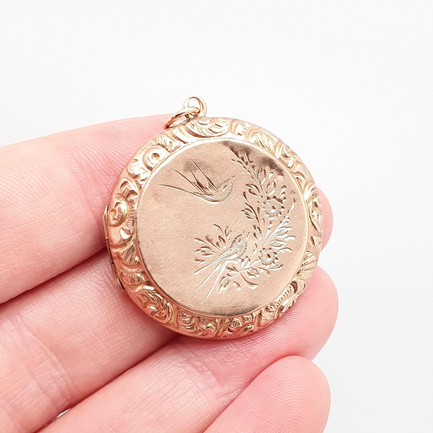 Antique 9ct Rose Gold Bird Locket Solid 9k 375 Large Round Pendant Fine Estate Big Love Gift Back & Front Necklace Jewelry Womens Jewellery
