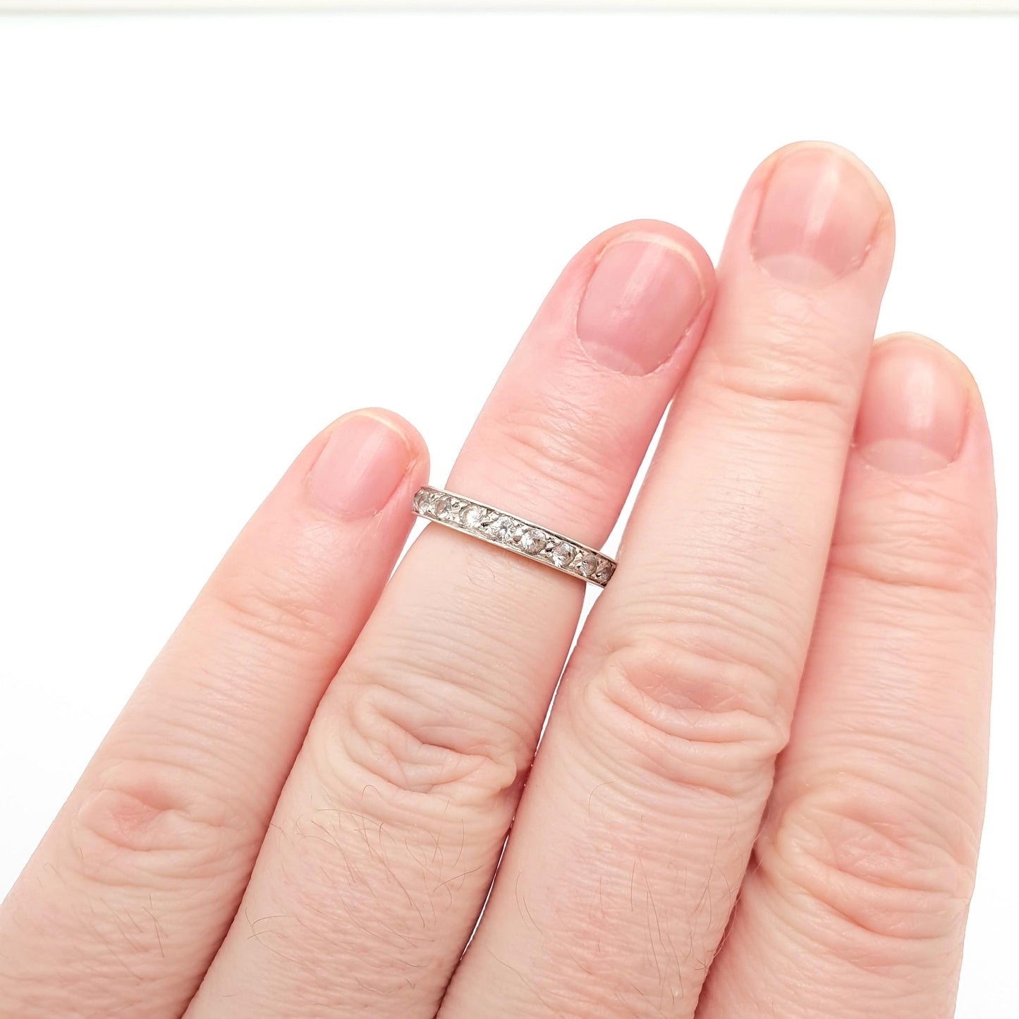 Antique Solid Silver Eternity Ring White Spinel Gemstone Art Deco French Hallmark Full Band Pinky Pinkie Vintage Womens Jewelry Jewellery