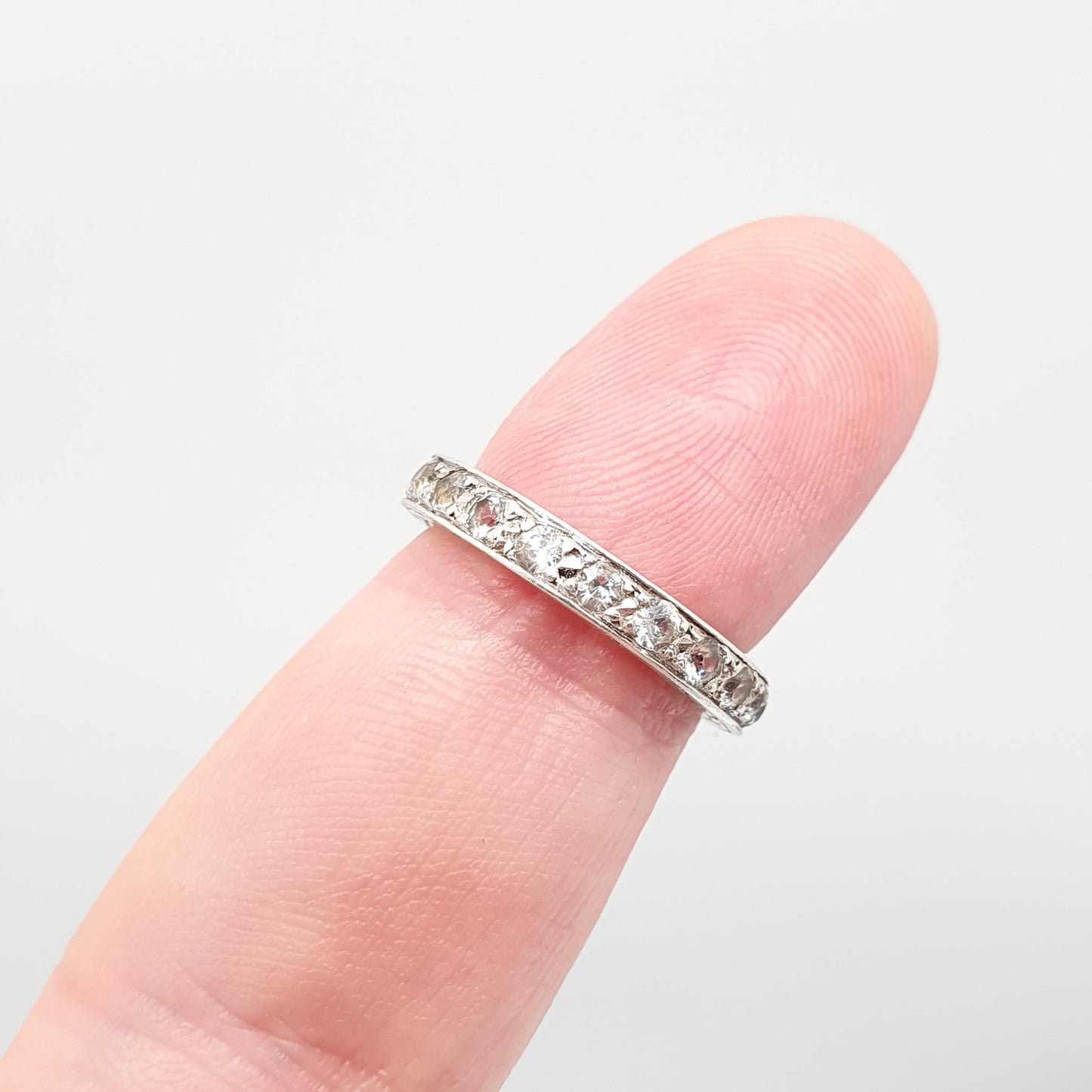 Antique Solid Silver Eternity Ring White Spinel Gemstone Art Deco French Hallmark Full Band Pinky Pinkie Vintage Womens Jewelry Jewellery