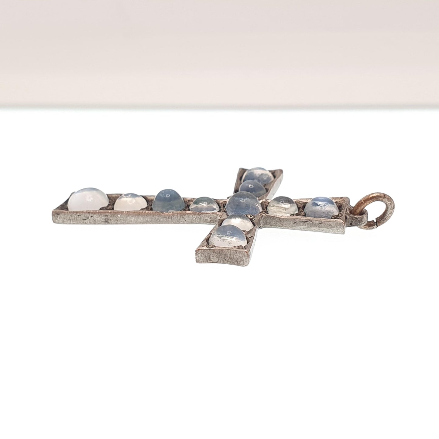 Antique Moonstone Cross Pendant Crucifix Necklace Victorian Silver Tone Rare Fine Christian Catholic Blue Clear Gemstone Jewelry Jewellery