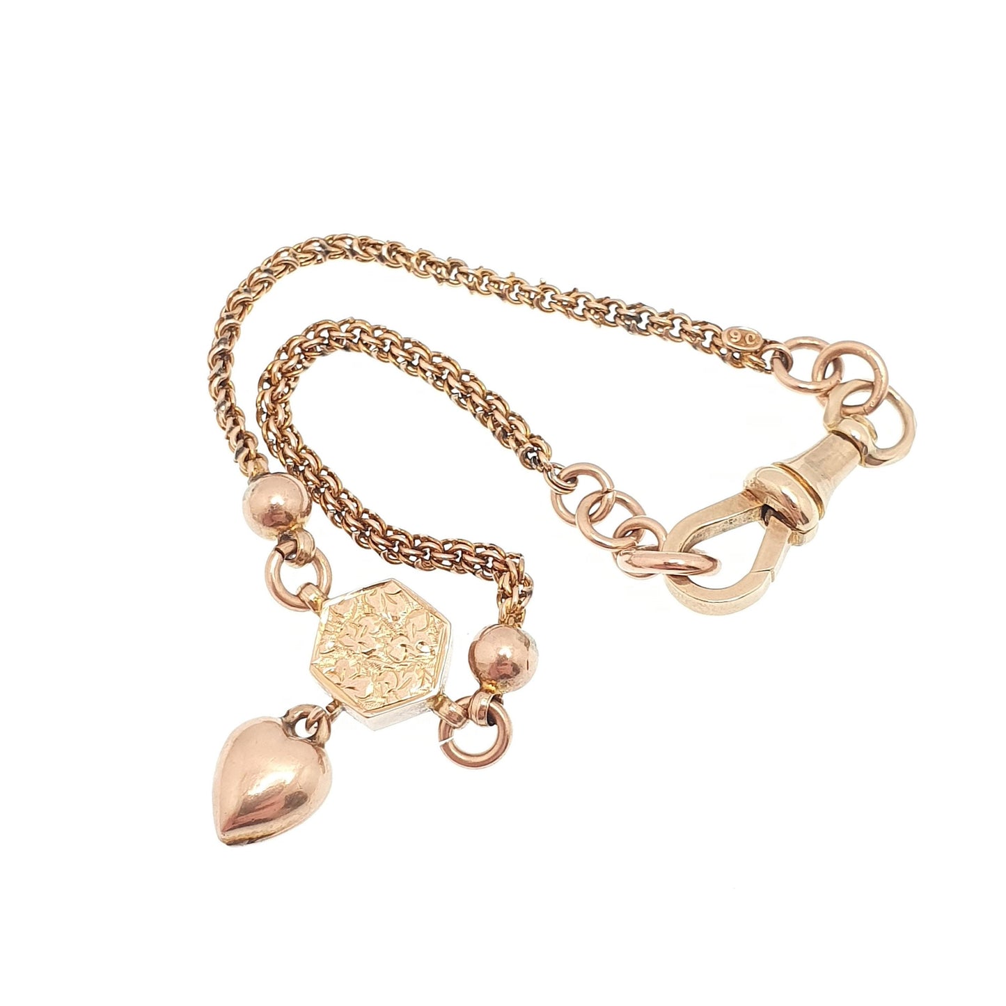 Antique Victorian 9ct 9k Rose Gold Albertina Bracelet Puffer Heart Charm Dog Clip 5.77g 17.5cm Solid 9kt Vintage Womens Jewelry Jewellery