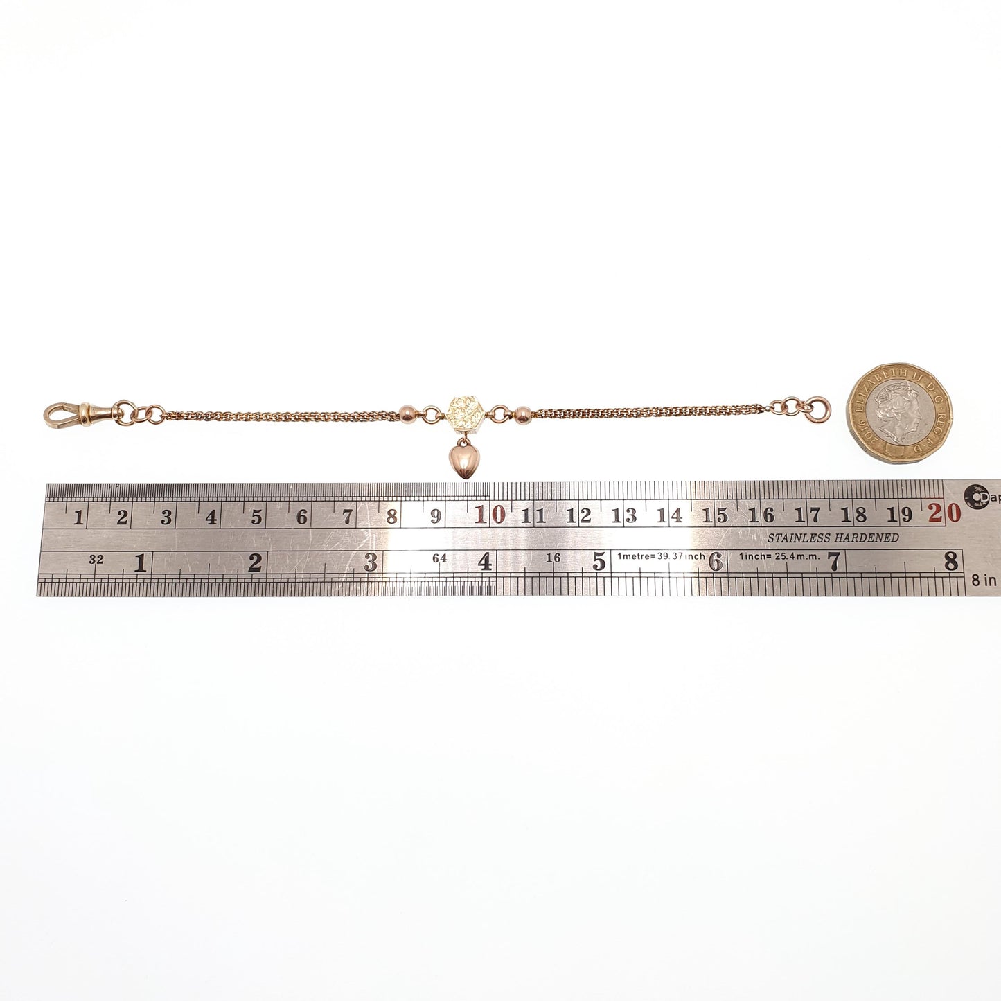 Antique Victorian 9ct 9k Rose Gold Albertina Bracelet Puffer Heart Charm Dog Clip 5.77g 17.5cm Solid 9kt Vintage Womens Jewelry Jewellery