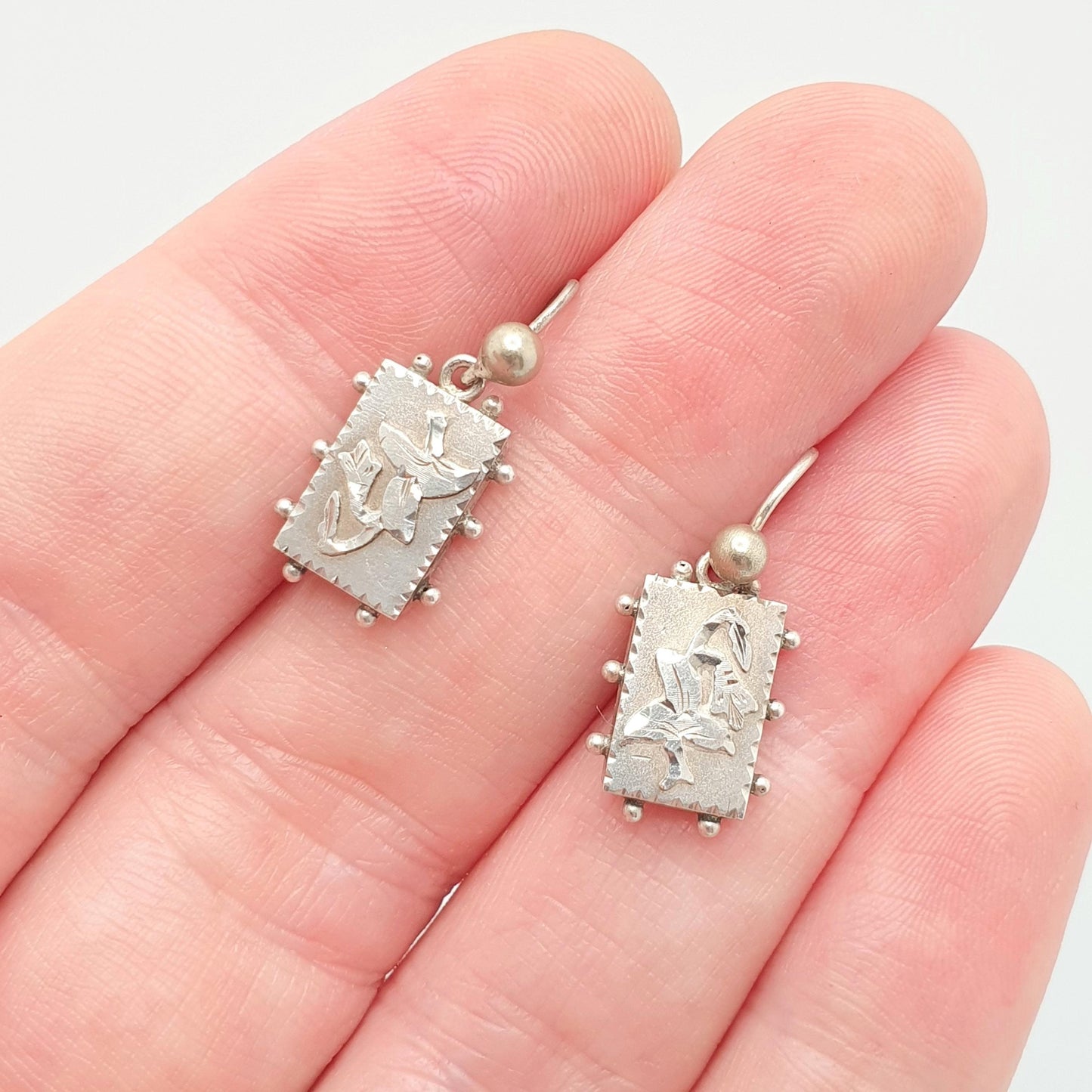 Antique Victorian Solid Silver Earrings Rectangular Hook Drop Flower Etruscan Beaded Genuine 1800s Womens Vintage Ladies Jewelry Jewellery