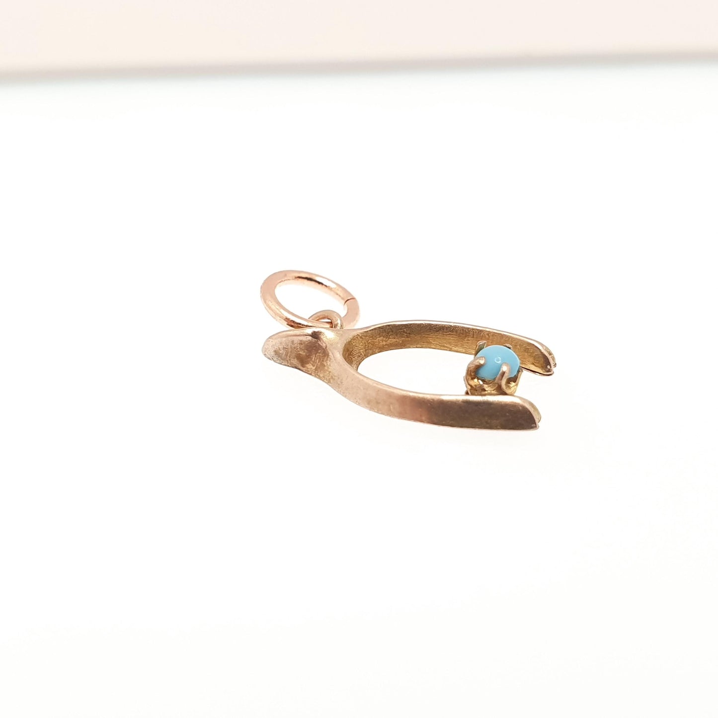 Antique Victorian 9ct 9k Rose Gold Wishbone Charm Pendant Faux Turquoise Necklace Bracelet 375 Lucky Good Luck Vintage Jewelry Jewellery