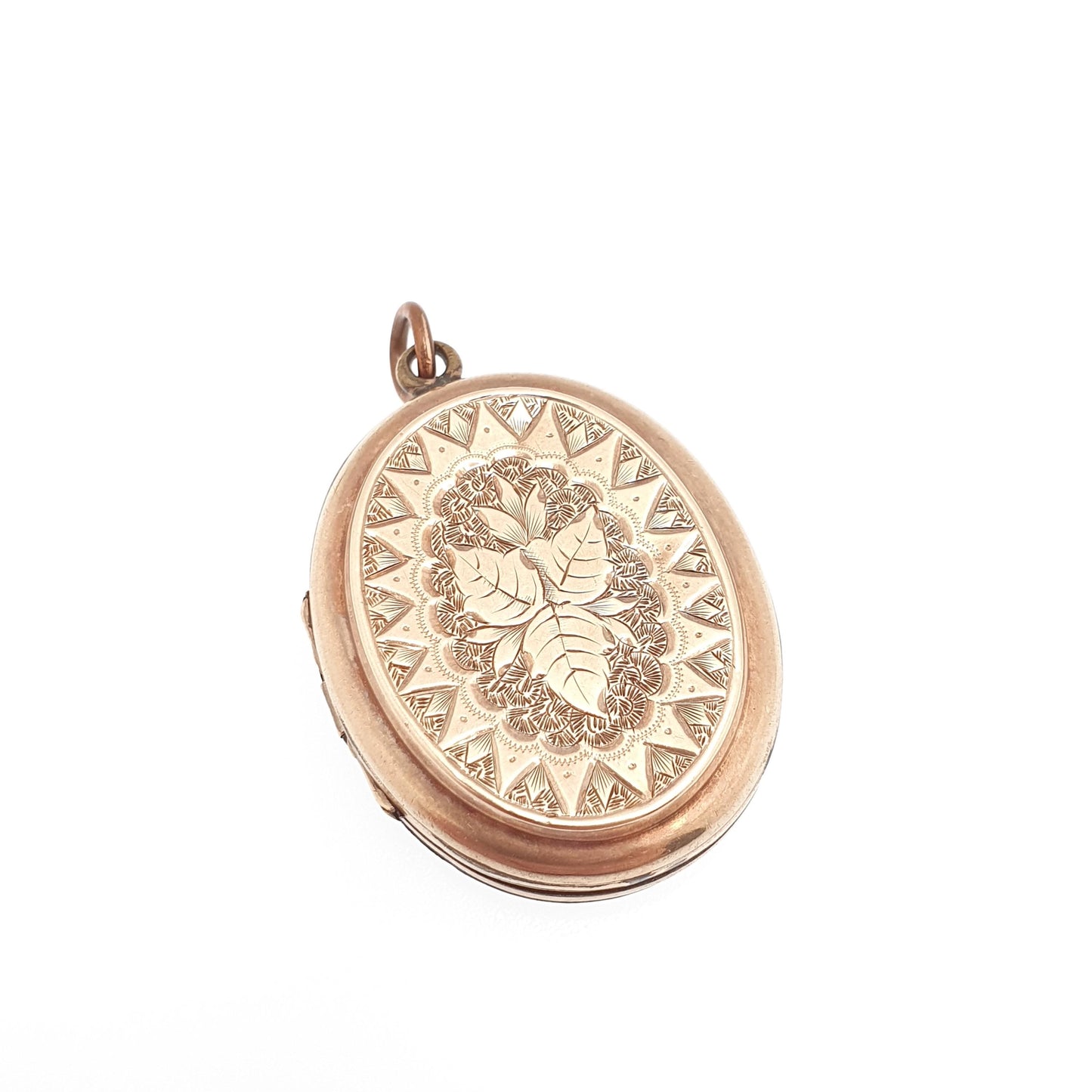 Antique Victorian 9ct Rose Gold Star Locket Hand Engraved Leaf Pendant Oval Estate Solid 9kt Front Back Big Large Vintage Jewelry Jewellery