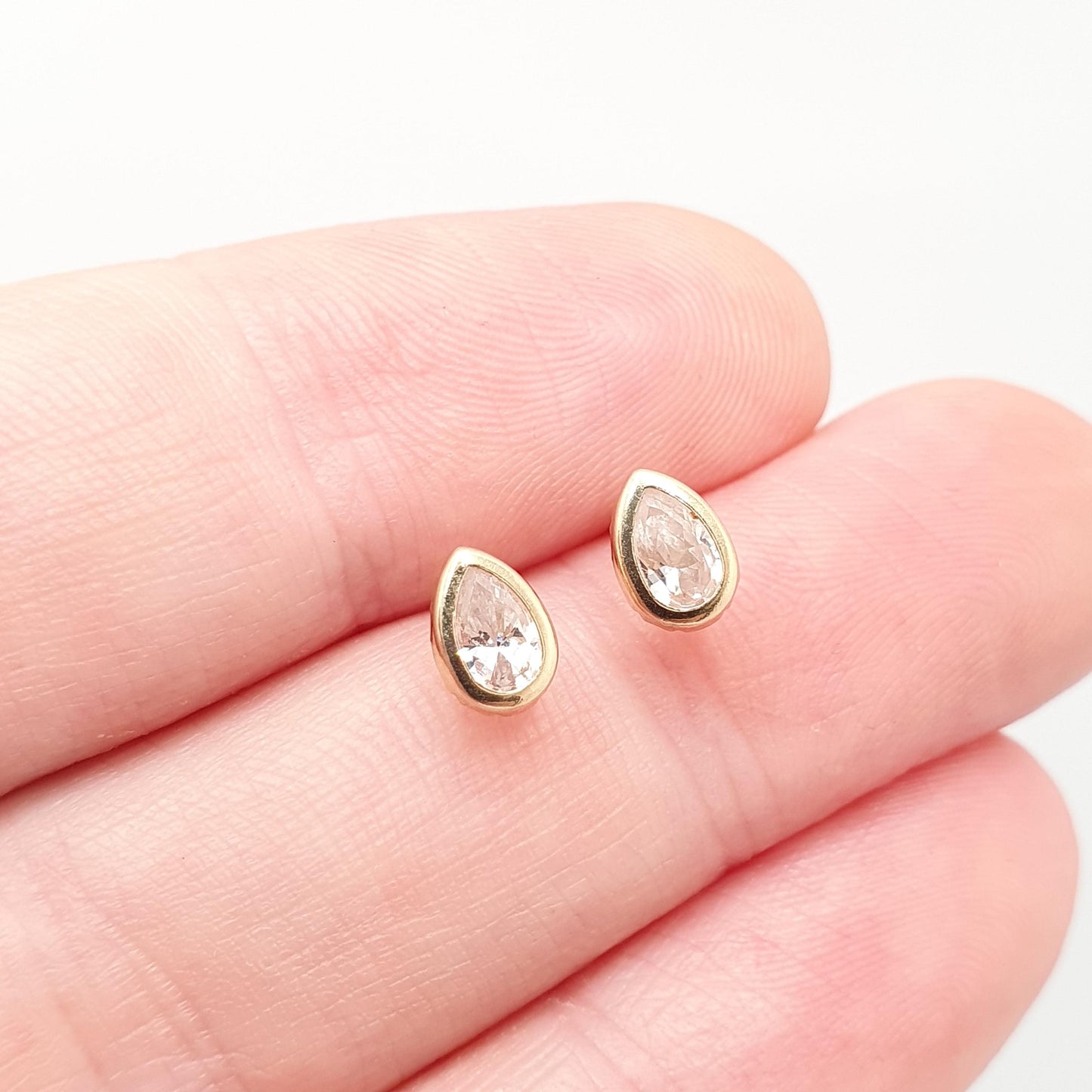 RESERVED/SOLD DON Vintage 9k 9ct Gold CZ Earrings Pear Cut Stud Cute Solid 375 Diamond Simulant Sparkly CZ's Ladies Womens Girls