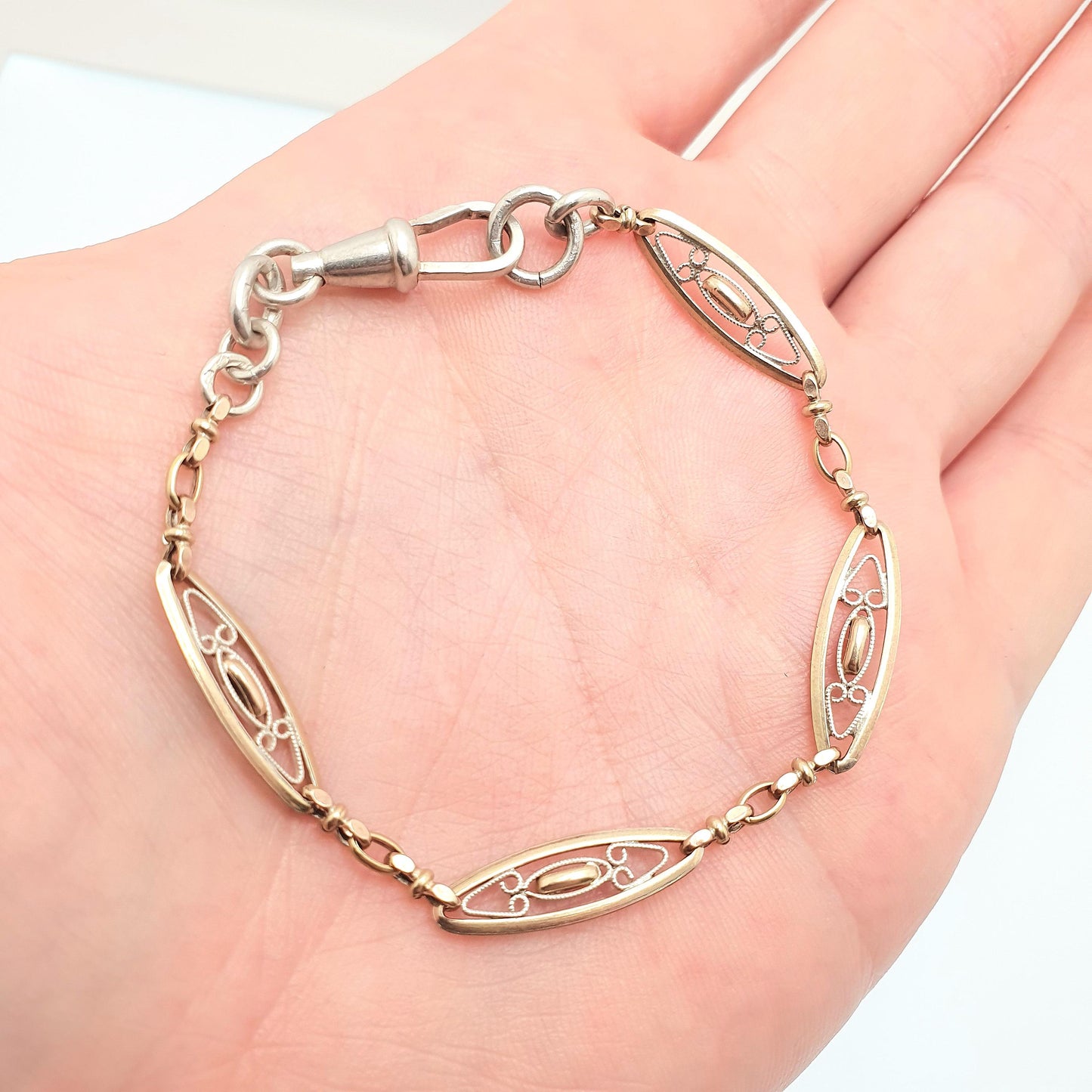 Antique Solid Silver Albert Chain Bracelet Victorian French Dog Clip Gold Vermeil Art Nouveau Ellipse 18cm 5.34g Jewelry Jewellery Womens