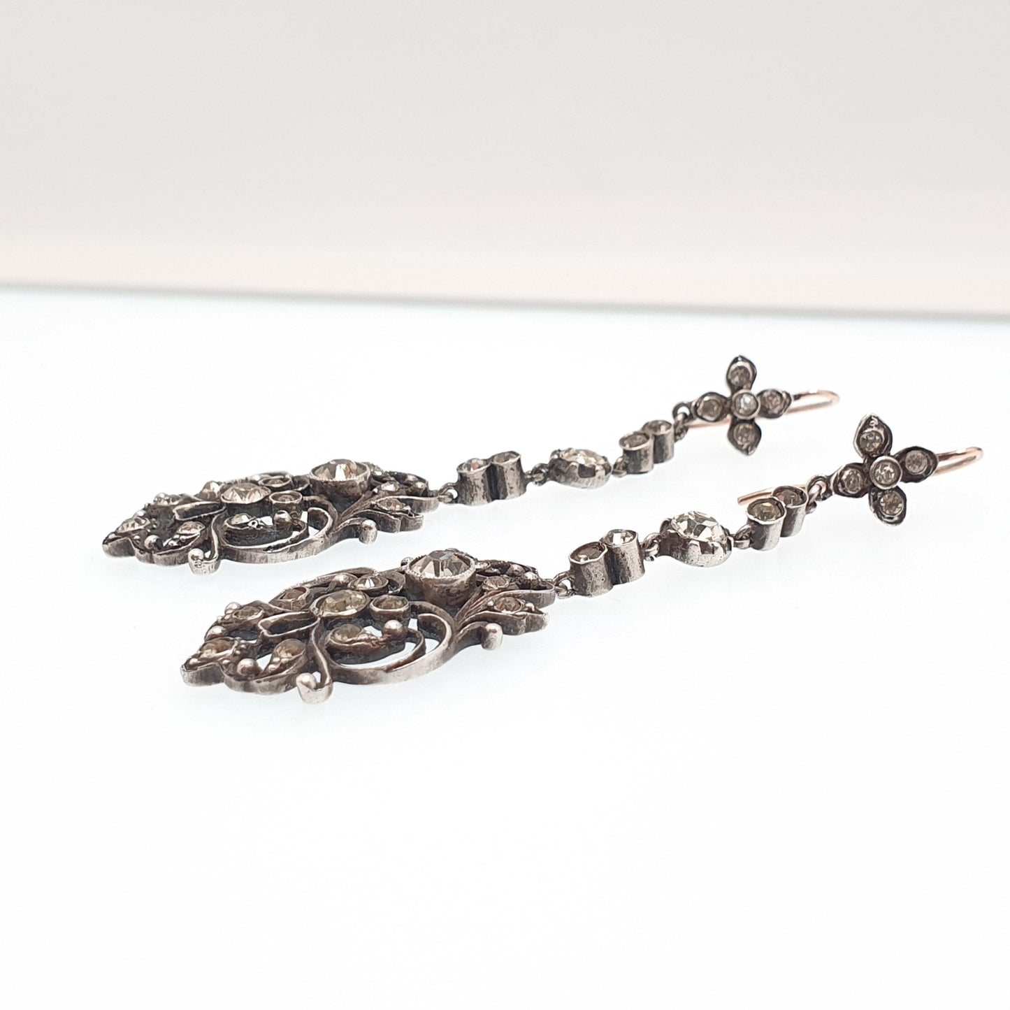 Antique Victorian 9ct Gold Diamond Paste Earrings Solid Silver Hook Dangling Drop Chandelier Art Nouveau Cluster Vintage Jewelry Jewellery