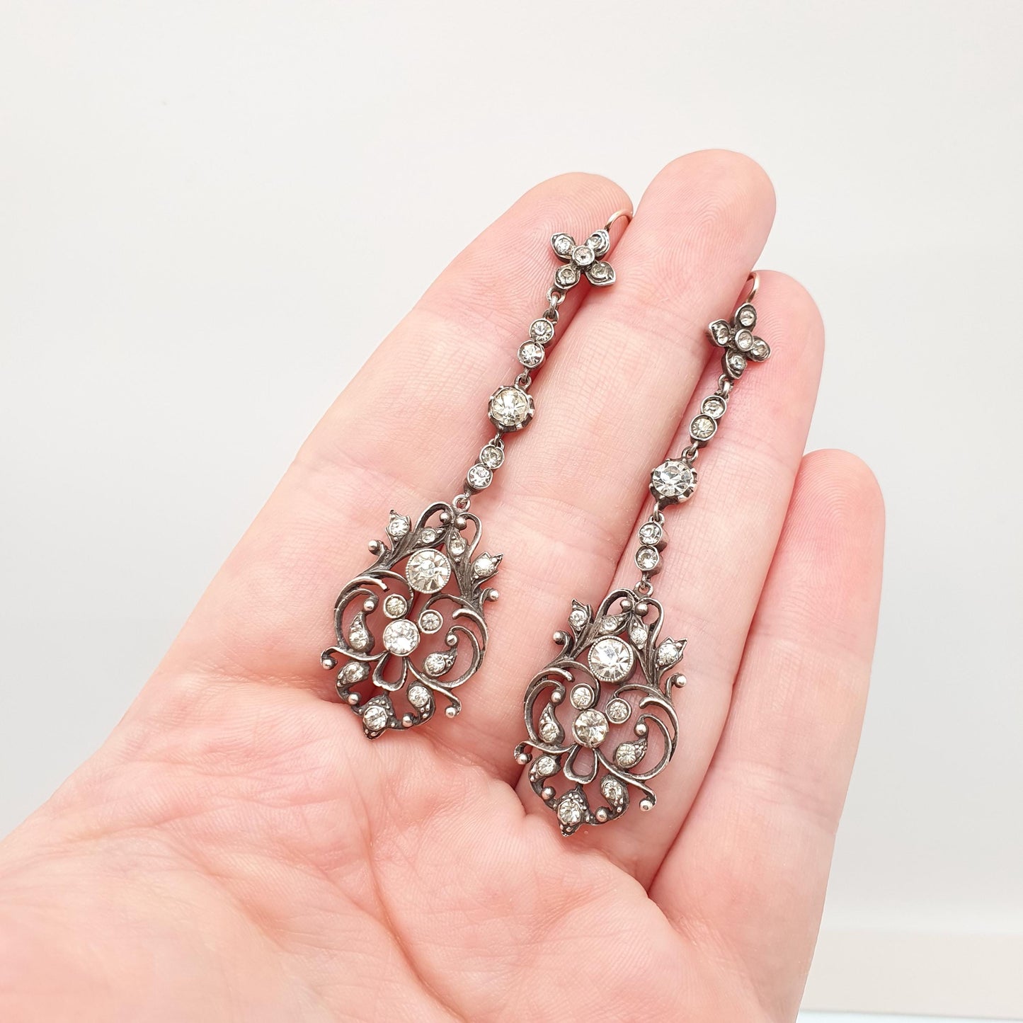 Antique Victorian 9ct Gold Diamond Paste Earrings Solid Silver Hook Dangling Drop Chandelier Art Nouveau Cluster Vintage Jewelry Jewellery