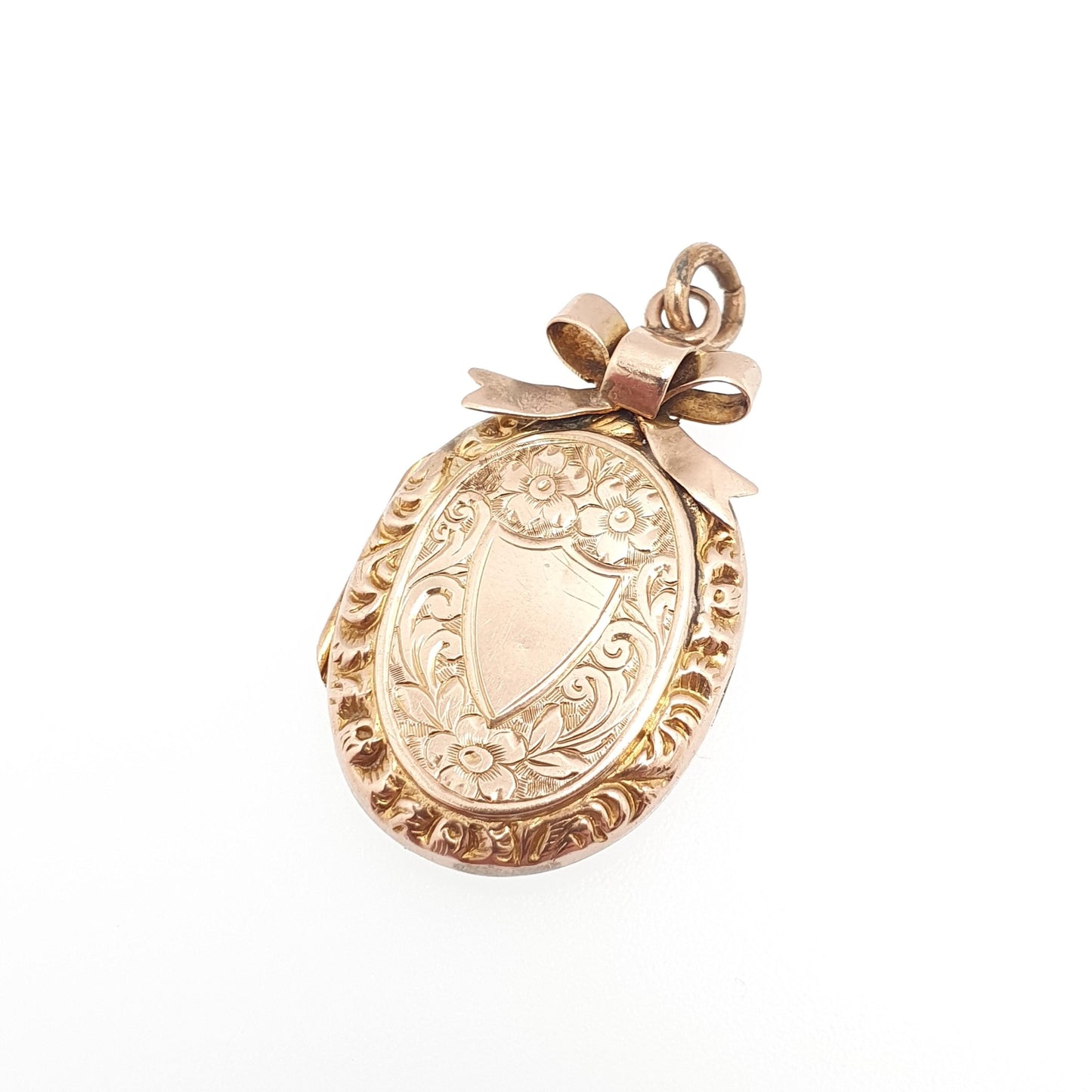 Antique 9ct 9k Rose Gold Bow Locket Pendant Large Big Oval Solid 375 Shield Engraved Fine Estate Back & Front Necklace Jewelry Jewellery